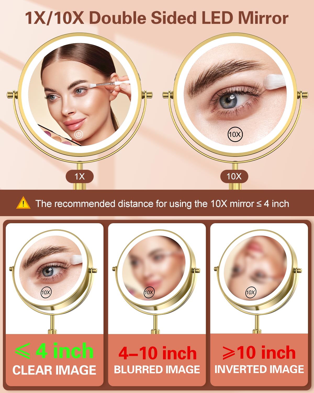 Benbilry Lighted Makeup Mirror with 3 Color Lights & 10X Magnification  Adjustable Brightness & Height  7 Inch 360 Swivel Rechargeable 10X LED Magnifying Vanity Mirror with Light  Gold