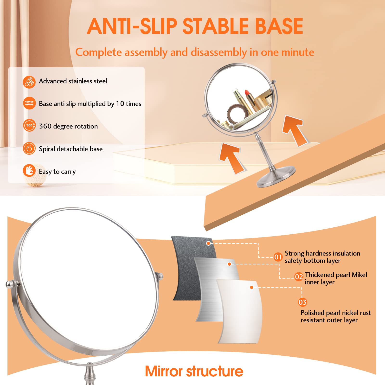 Ohotecy Makeup Mirror 8'' Magnifying Mirror 1/10X Magnification, Large Table Top Double-Sided Swivel Vanity Mirror Chrome Finish