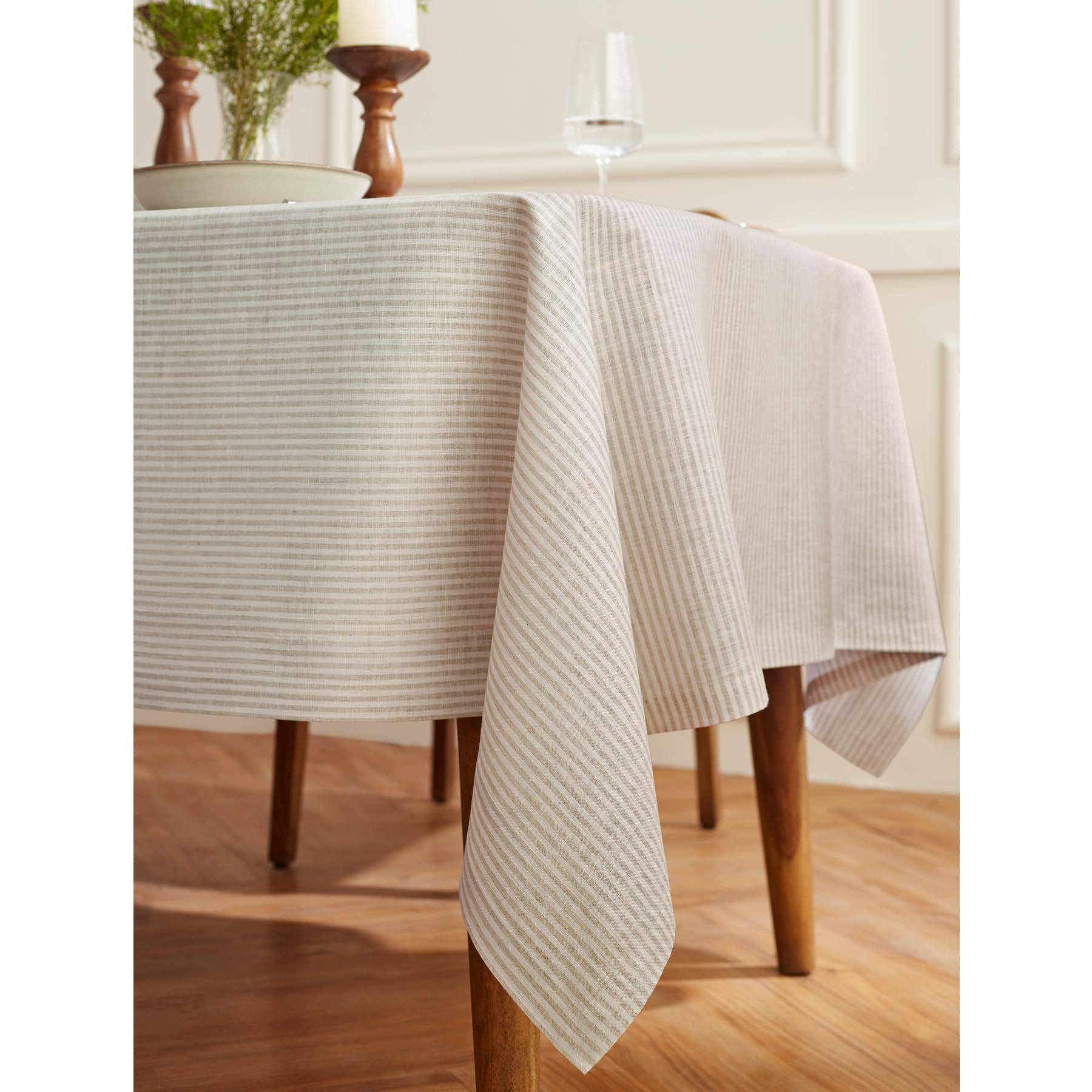Solino Home Stripe Linen Tablecloth - 100% Pure Linen Natural And White Tablecloth 108'' L X 60'' W For Spring, Easter - Handcra