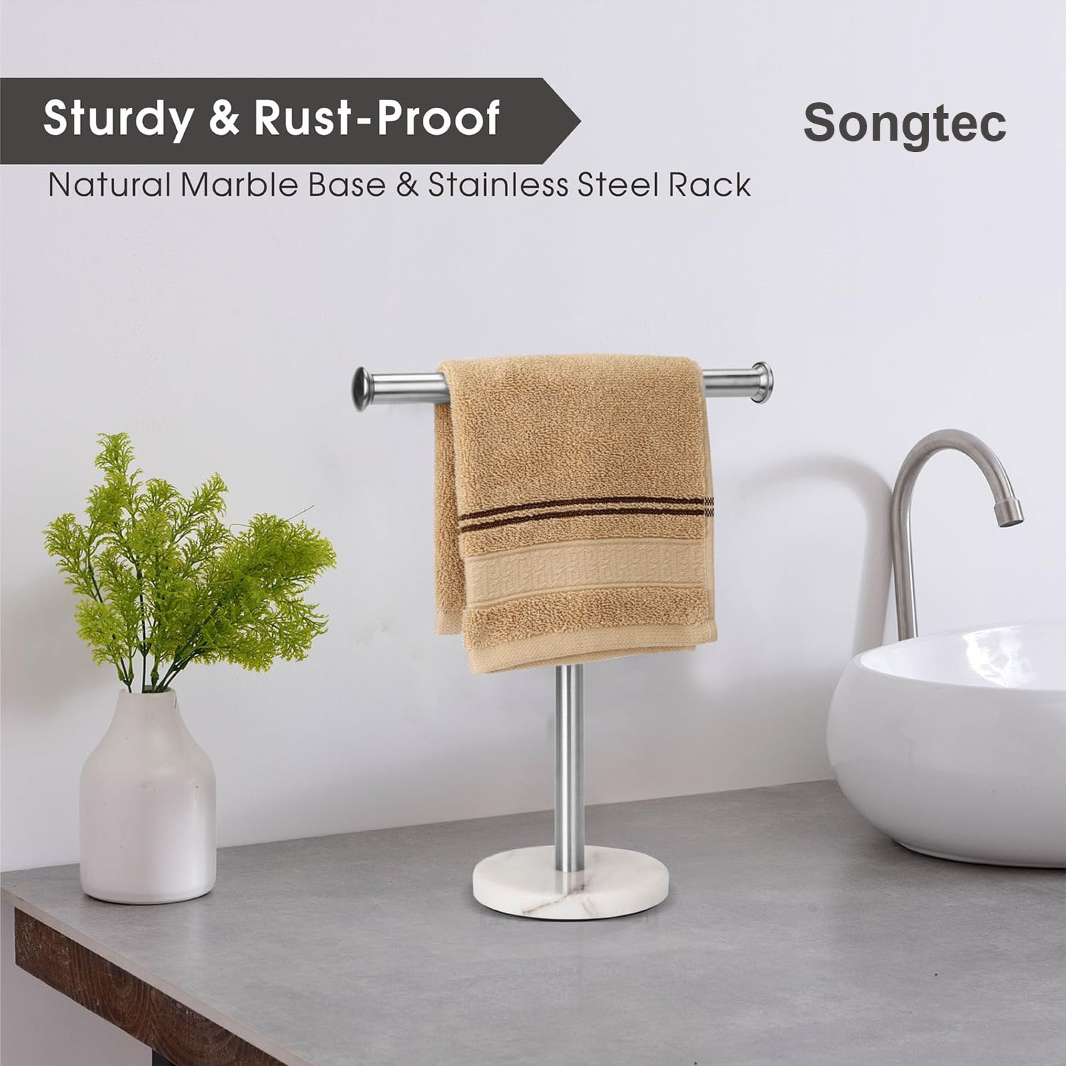 Songtec Hand Towel Holder Stand, Fingertip Towel Rack With Heavy Marble Base, Accessories Jewelry Stand (Marble Base, Brushed Ni