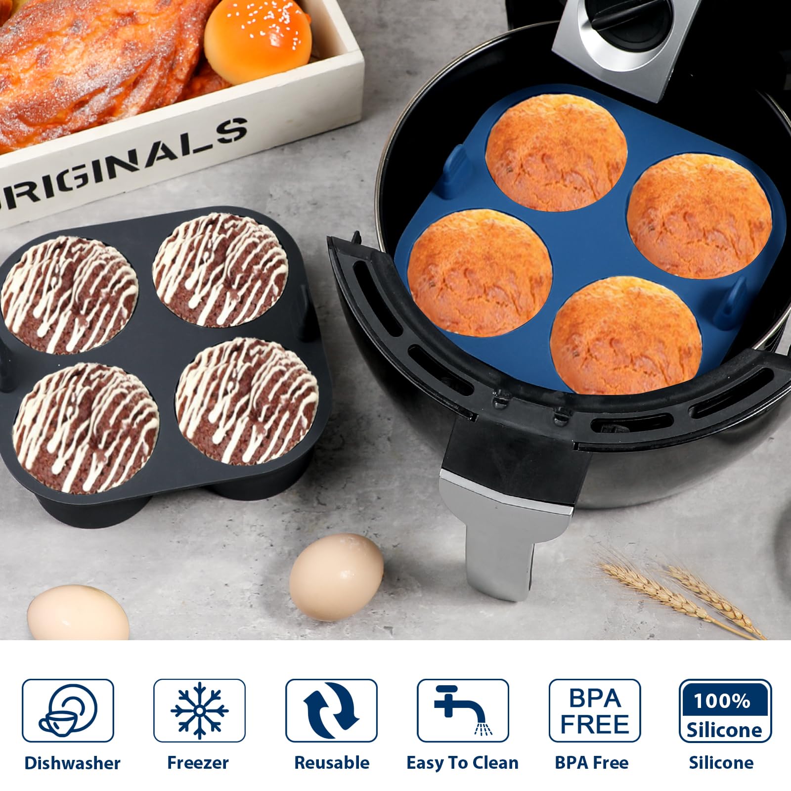 Webake 2Pcs Jumbo Silicone Air Fryer Muffin Pan For Baking 4 Cavity Air Fryer Silicone Cupcake Pans Non Stick Food Grade And Bpa