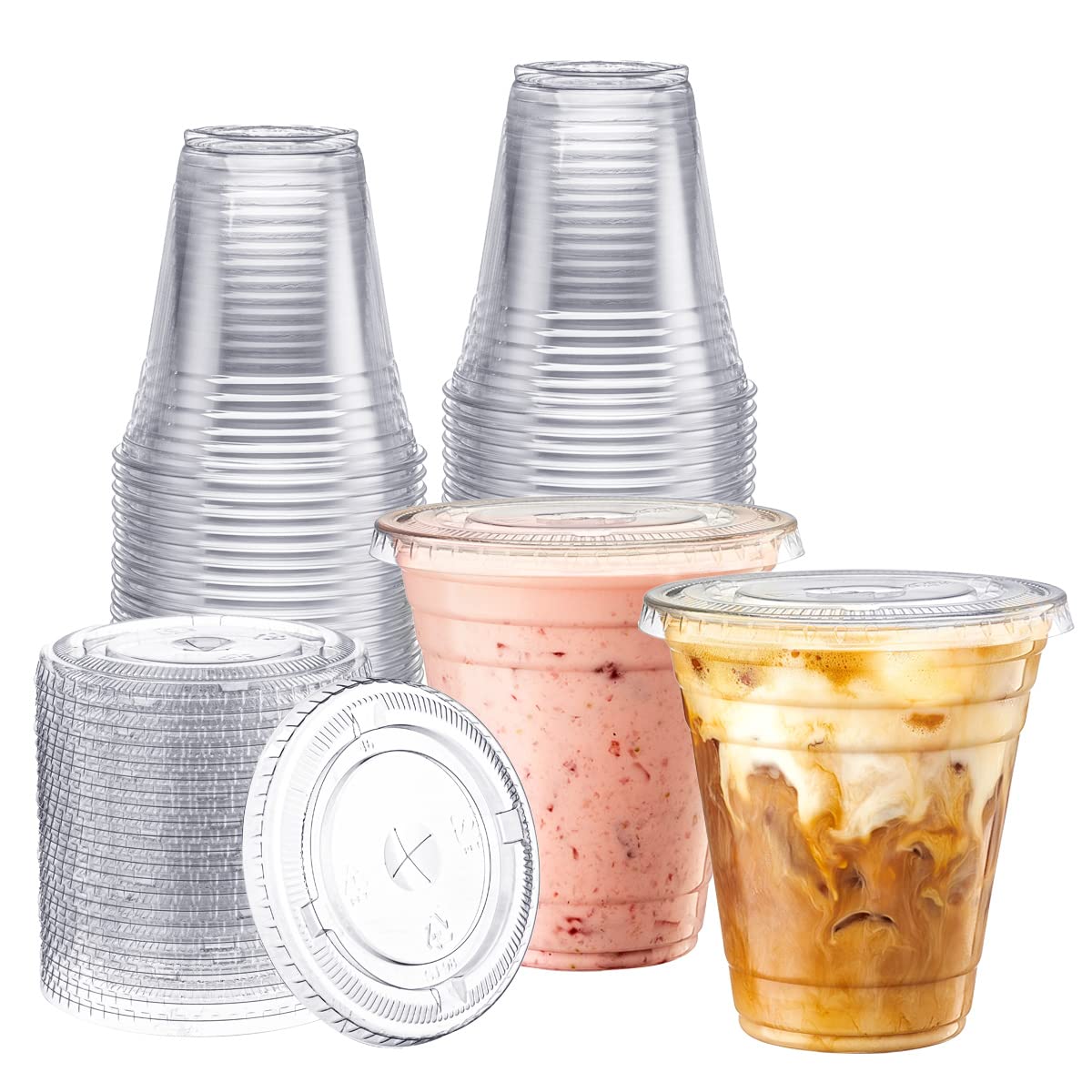 Zeml [100 Sets 12 Oz. Plastic Cups With Lids, Smoothie Cups, Milkshake Cups