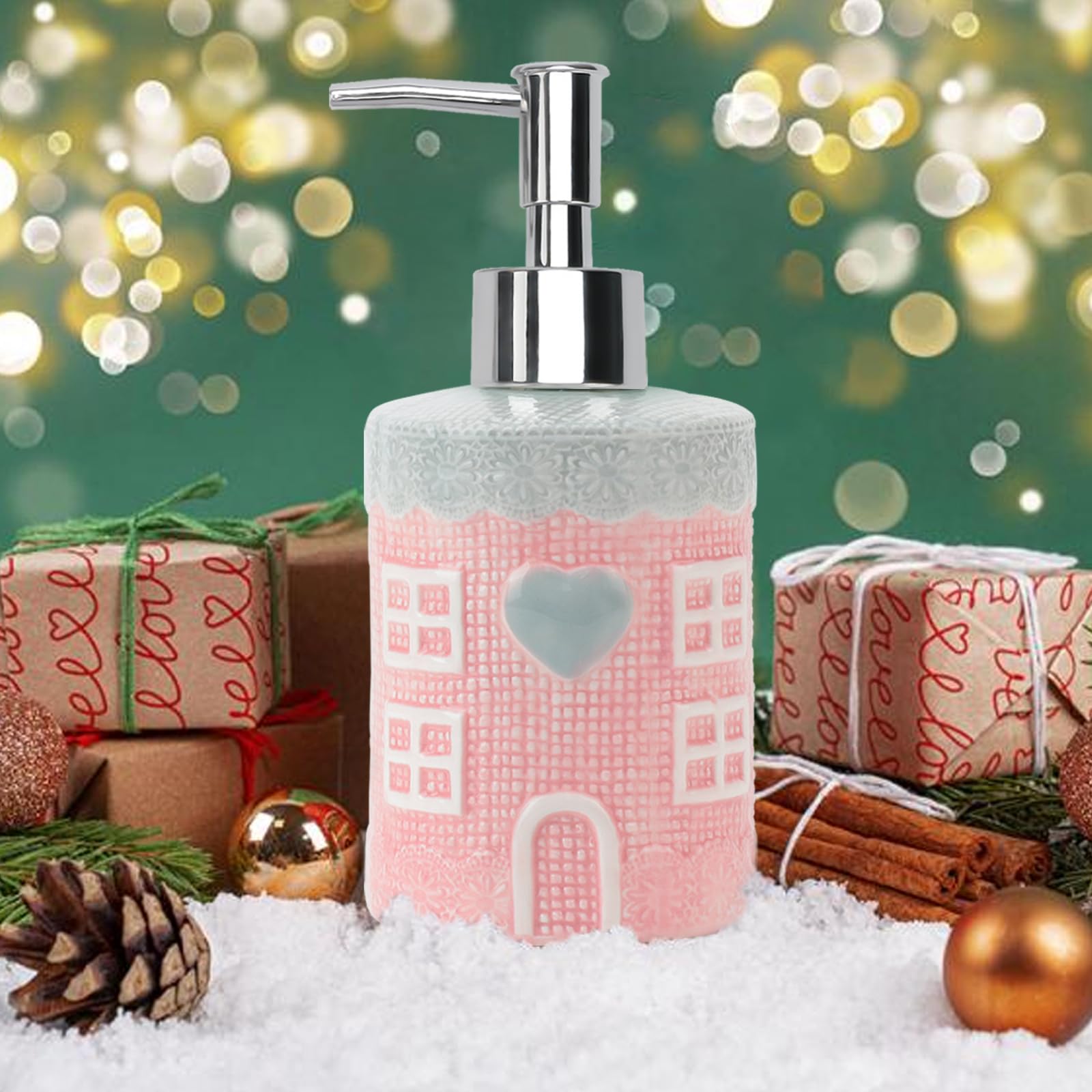 Soap Dispenser, 12.35Oz Ceramic Soap Dispenser With Silver Pump, Decorative Pink House Design Liquid Dish Soap Dispenser For Bat