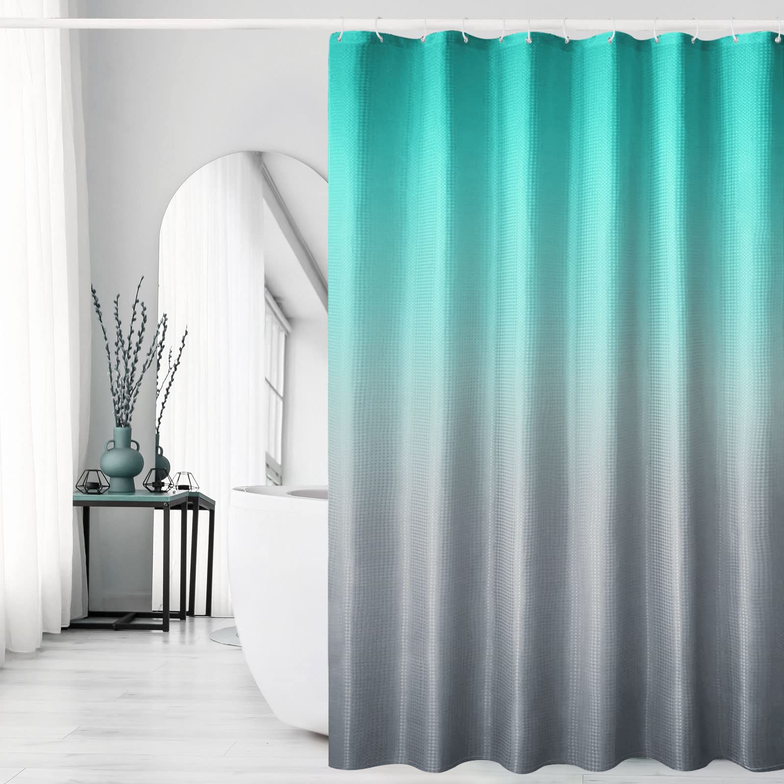 Gibelle Ombre Shower Curtain, Teal Grey Gradient Fabric Shower Curtain, Waffle Weave Textured Bathroom Curtains Shower Set With