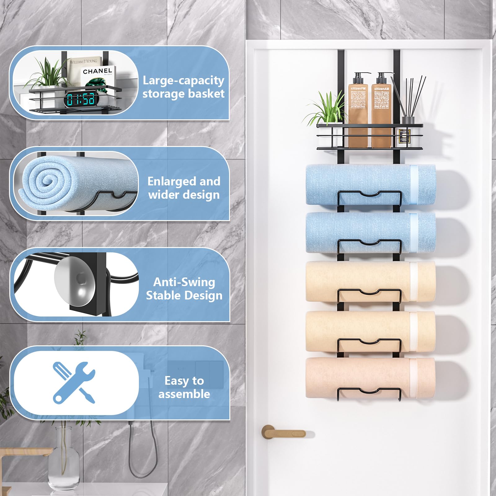 Xstydes 6-Tier Over The Door Towel Rack,Towel Racks For Bathroom, Metal Towel Holder With Storage Basket,Towel Storage For Small