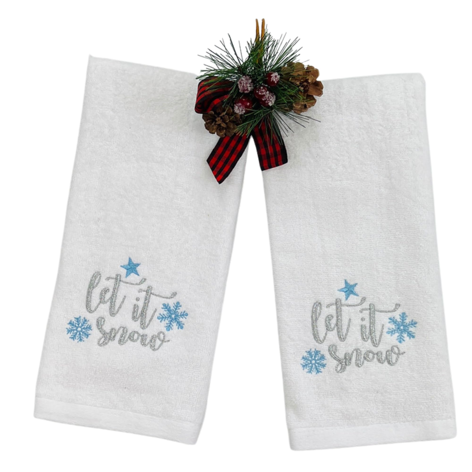 Serafina Home Christmas Guest Hand Towels: Beige Plush Terry Cotton Embroidered Blue Snowflake On White