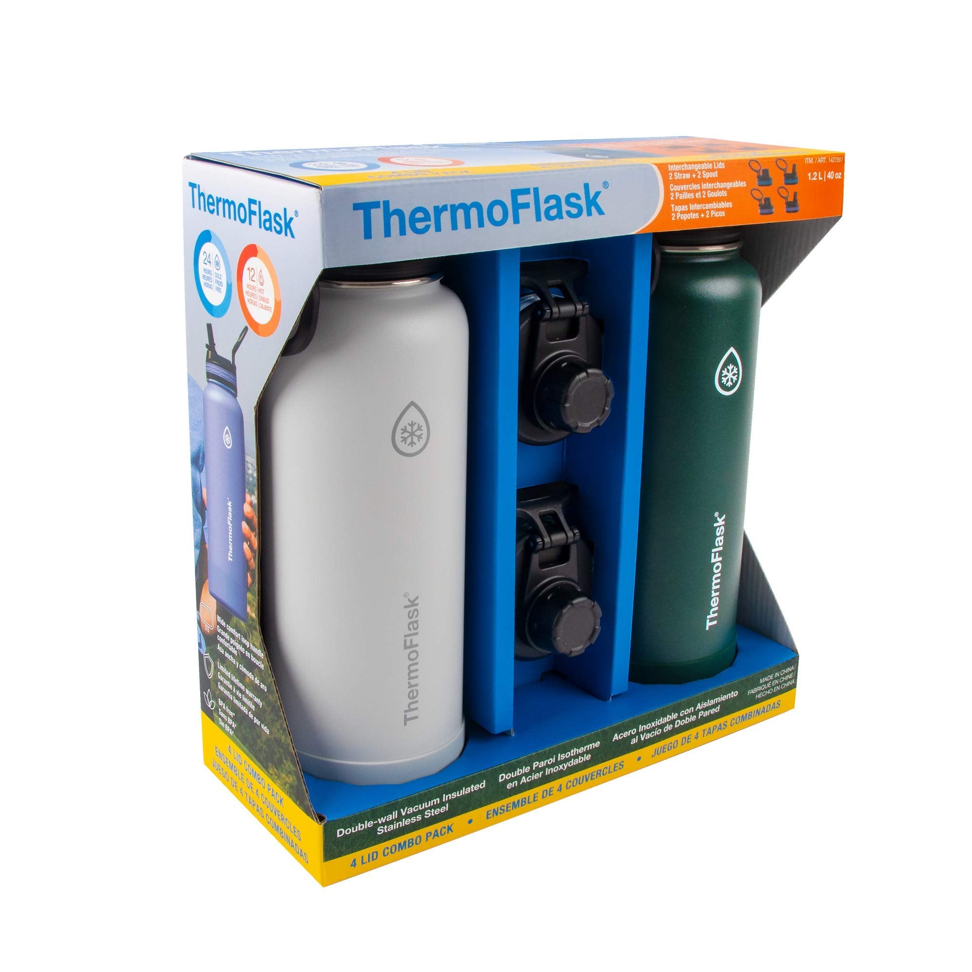 Thermoflask 40 Oz Double Wall Vacuum Insulated Stainless Steel 2-Pack Of Water Bottles, Gray/Pine