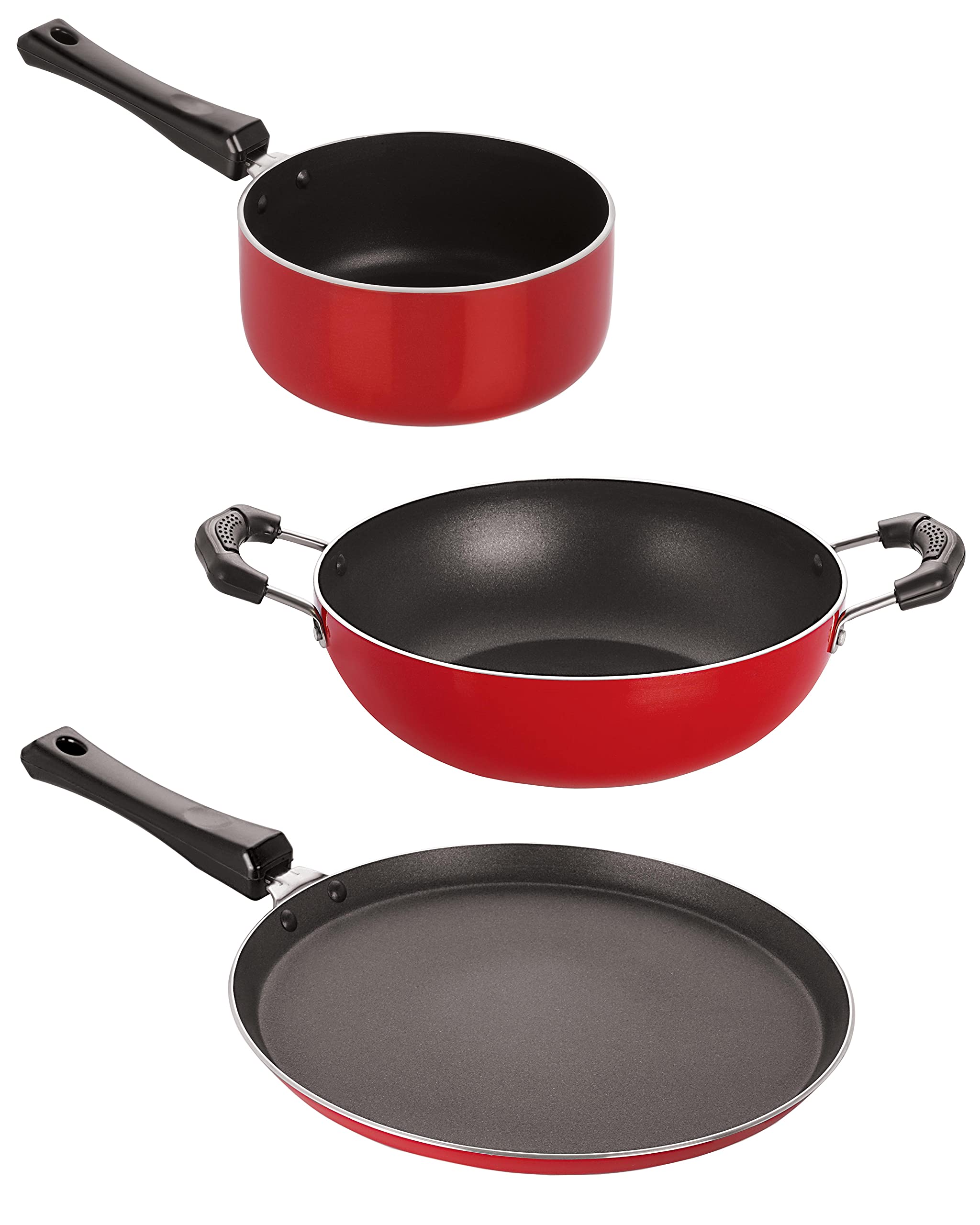 Set Of Tawas & Kadai (Dosa Tawa 27.5Cm, Kadai 2L, Sauce Pan Big 1.8L) Aluminium NonStick Red & Black
