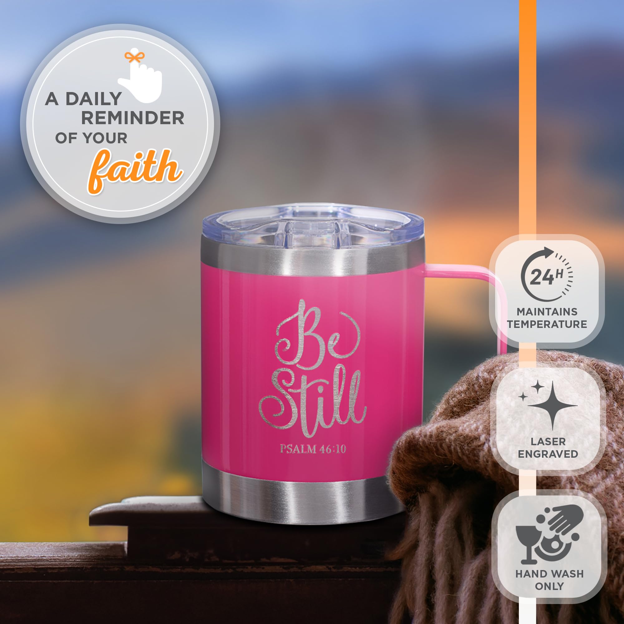 Christian Art Gifts Stainless Steel Double Wall Vacuum Insulated Camp Style Travel Mug 11 Oz Pink Coffee Mug With Retractable Li