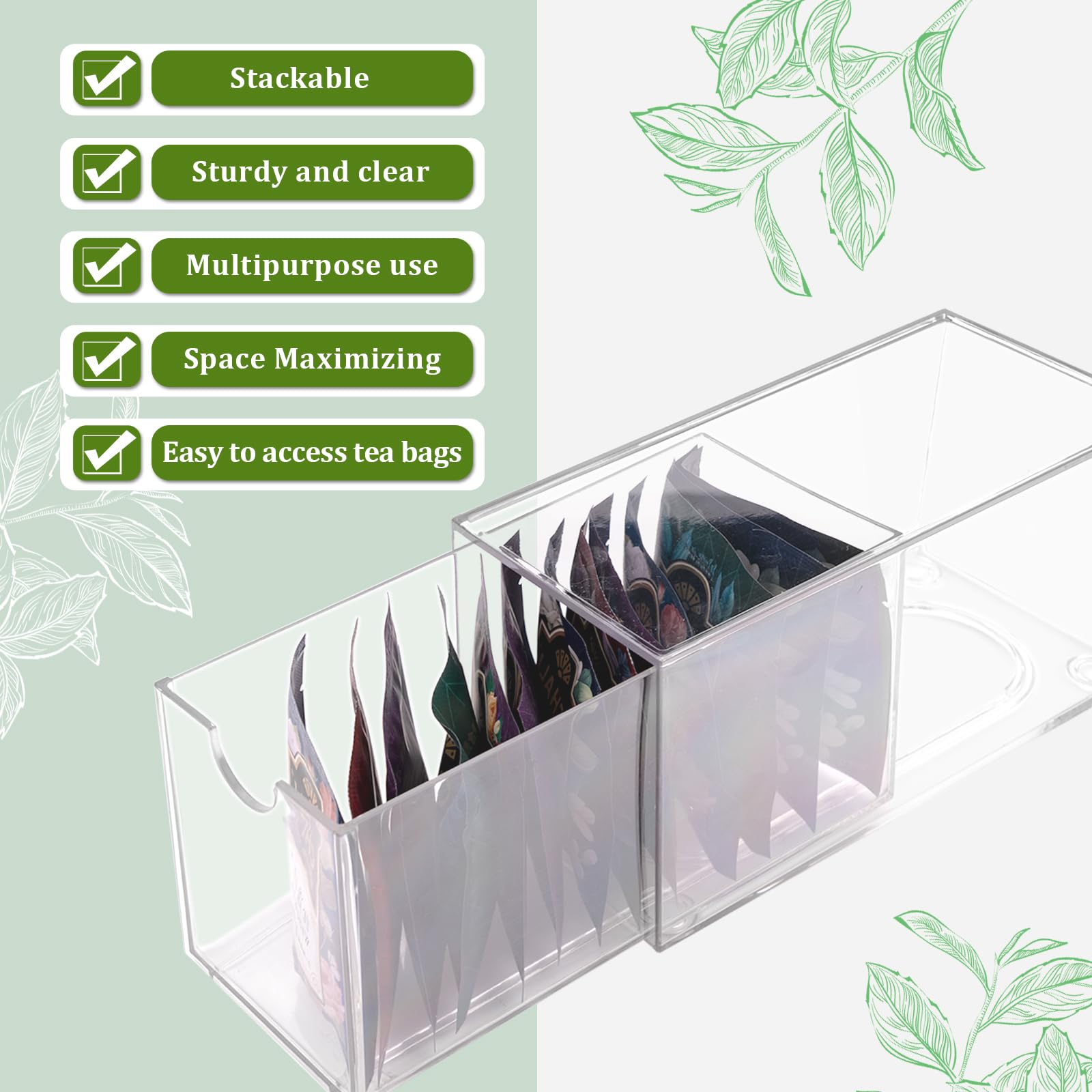 Mevtok 2 Pack Tea Bag Drawers Organizer, Clear Plastic Stackable Tea Bag Storage Holder For Kitchen - 3'' X 6.5'' X 3.9''