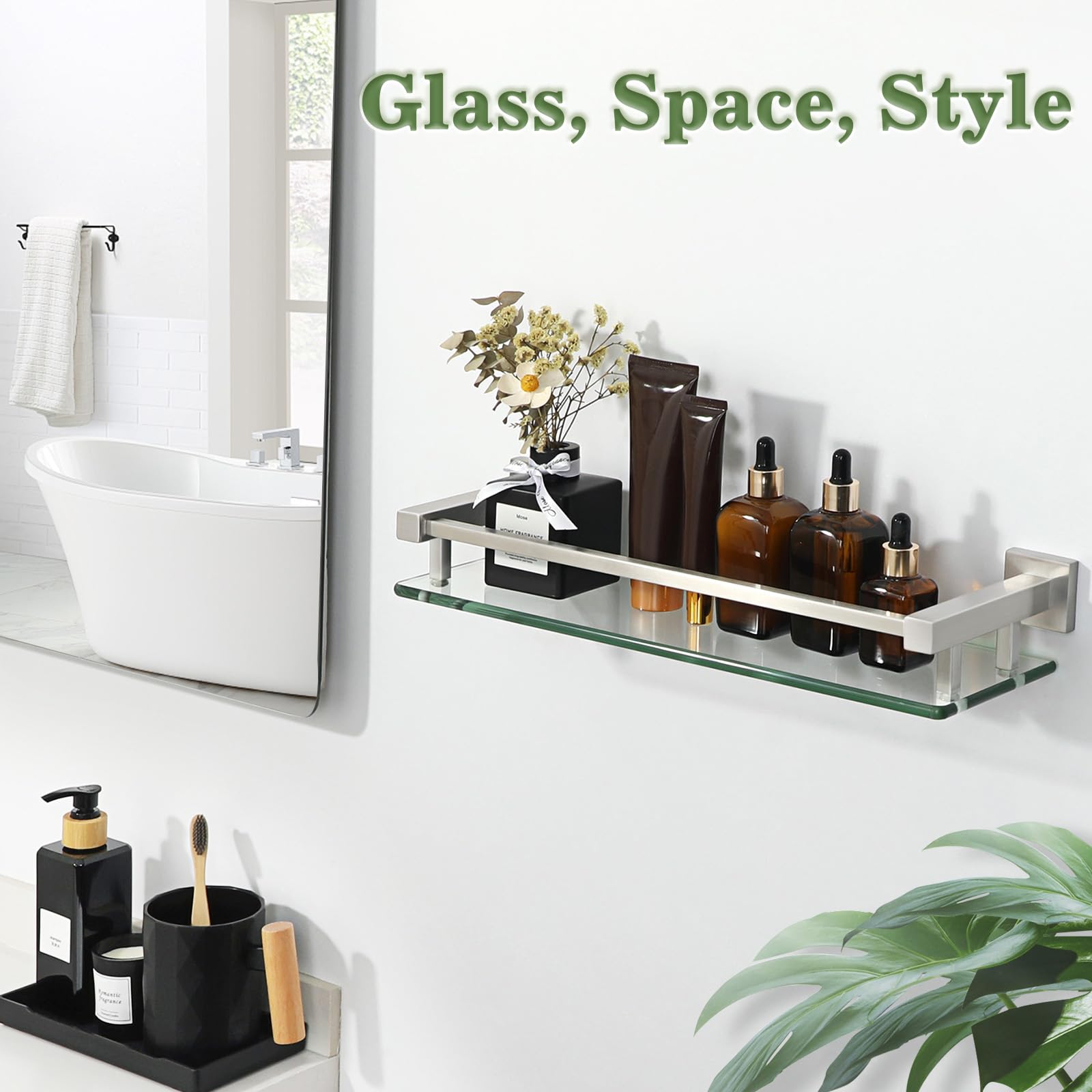 Alise Glass Bathroom Shelf, Brushed Nickel Tempered Glass Shelves For Bathroom, Stainless Steel Modern Bathroom Floating Shelves