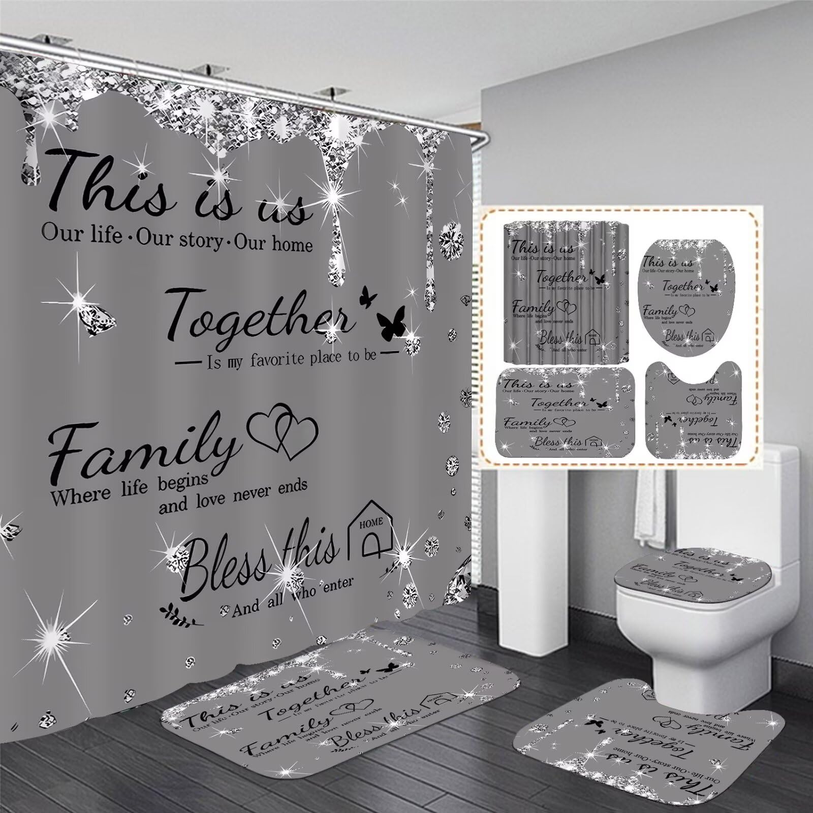 Azhm Sparkling Diamond Letter Printed Shower Curtain Set For Bathroom 4 Pcs Family Bathroom Accessory Decor Sets With Shower Cur