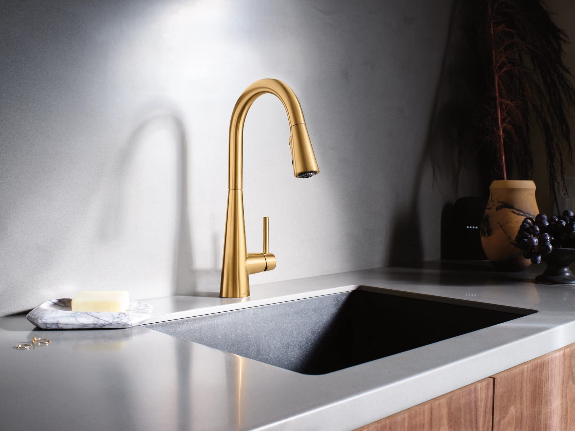 Moen Sleek Brushed Gold One-Handle High Arc Kitchen Faucet With Pull Down Spray Head, Featuring Power Boost, 7864Bg