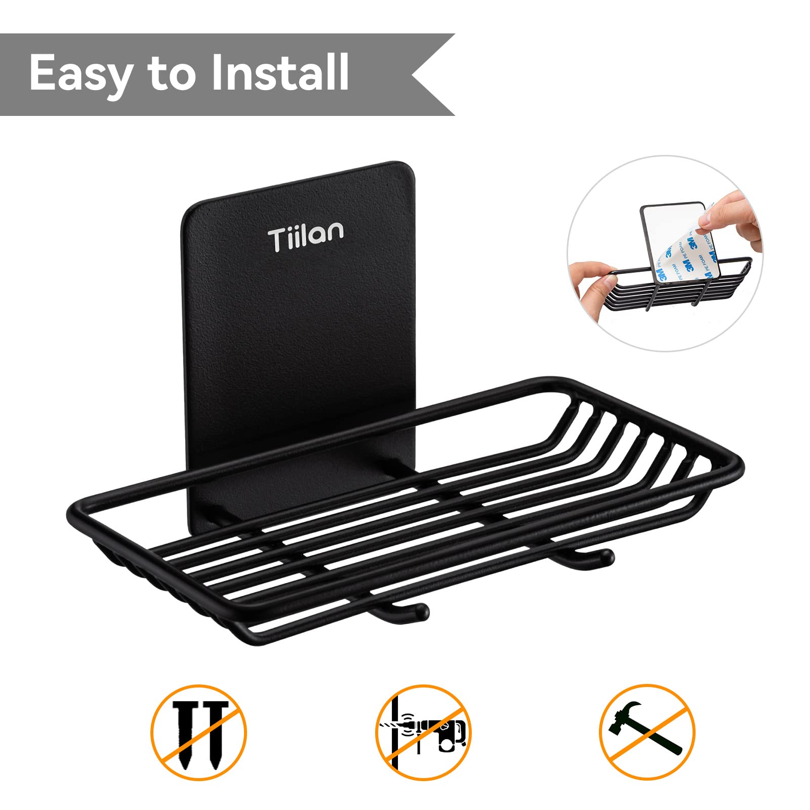 Tiilan Self Adhesive Bar Soap Dish For Shower, Bathroom Soap Holder Wall Mount - Stainless Steel, Black