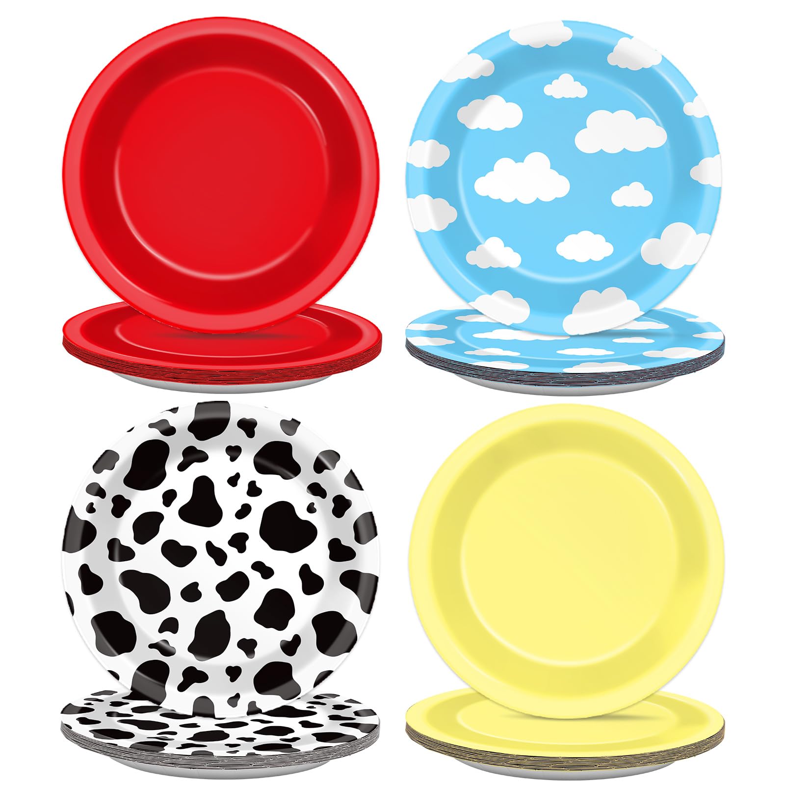48Pcs Cartoon Story Birthday Party Paper Plates For Toy Inspire Game Story Party Supplies 7'' Cow Print Sky Blue Cloud Birthday