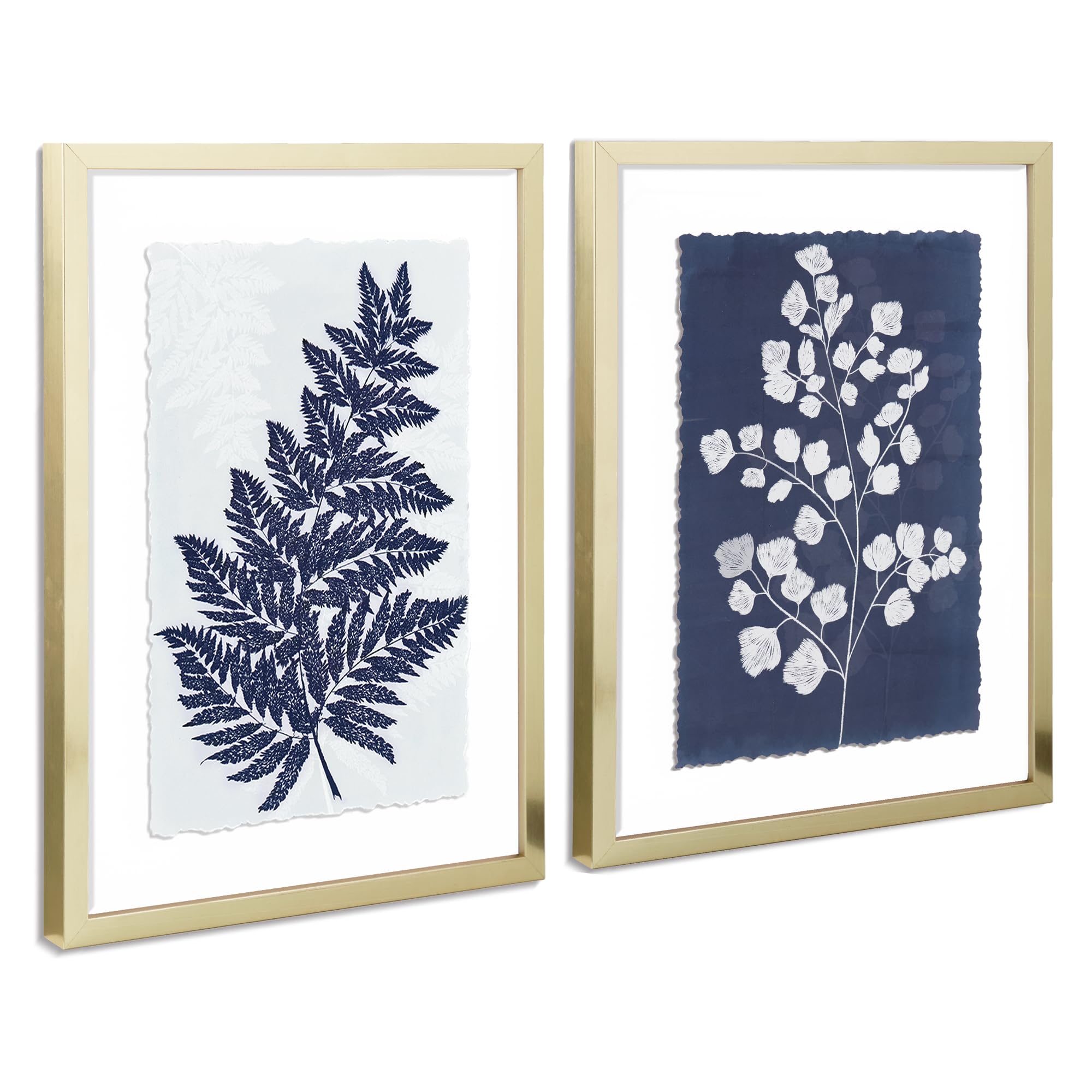 ArtbyHannah Framed Bathroom Wall Art, 12x16 Boho Botanical Wall Art with Blue Plant Leaf Deckled Edge Print for Bedroom, Gold Fr