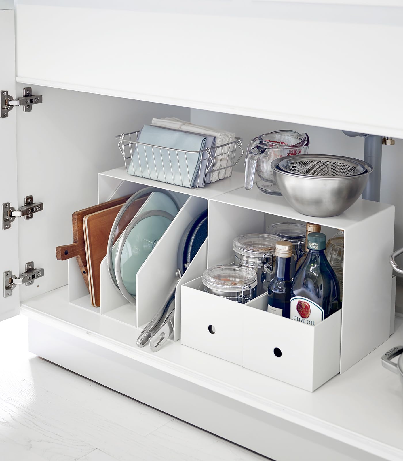 Yamazaki Home Cabinet Storage Organizer | Set Of 2 | Kitchen Pantry | Steel | Riser, One Size, White