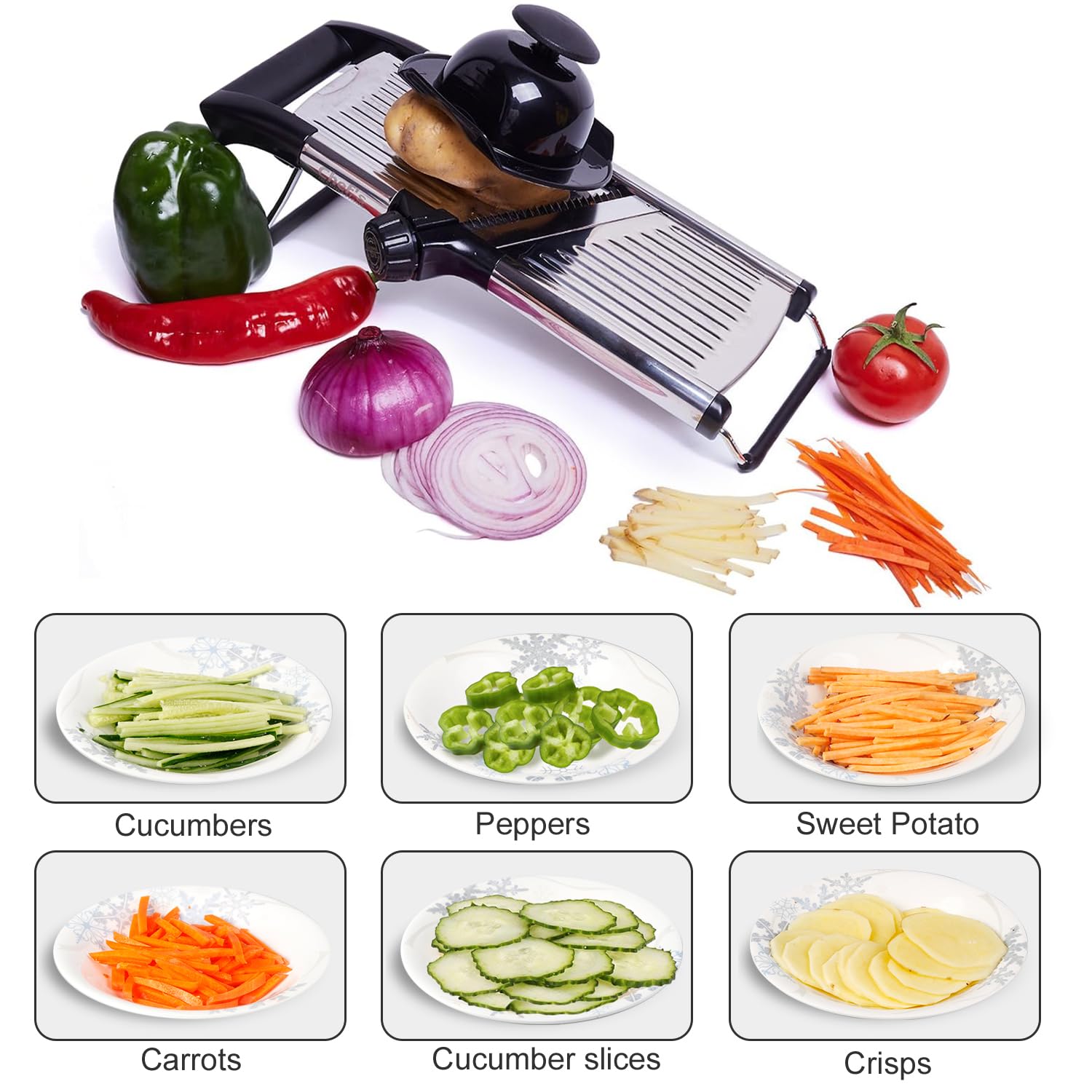 Adjustable Mandoline Slicer by chefs INSPIRATIONS Best For Slicing Food  Fruit and Vegetables Professional grade Julienne Slicer With cut Proof gloves and cleaning Brush Stainless Steel