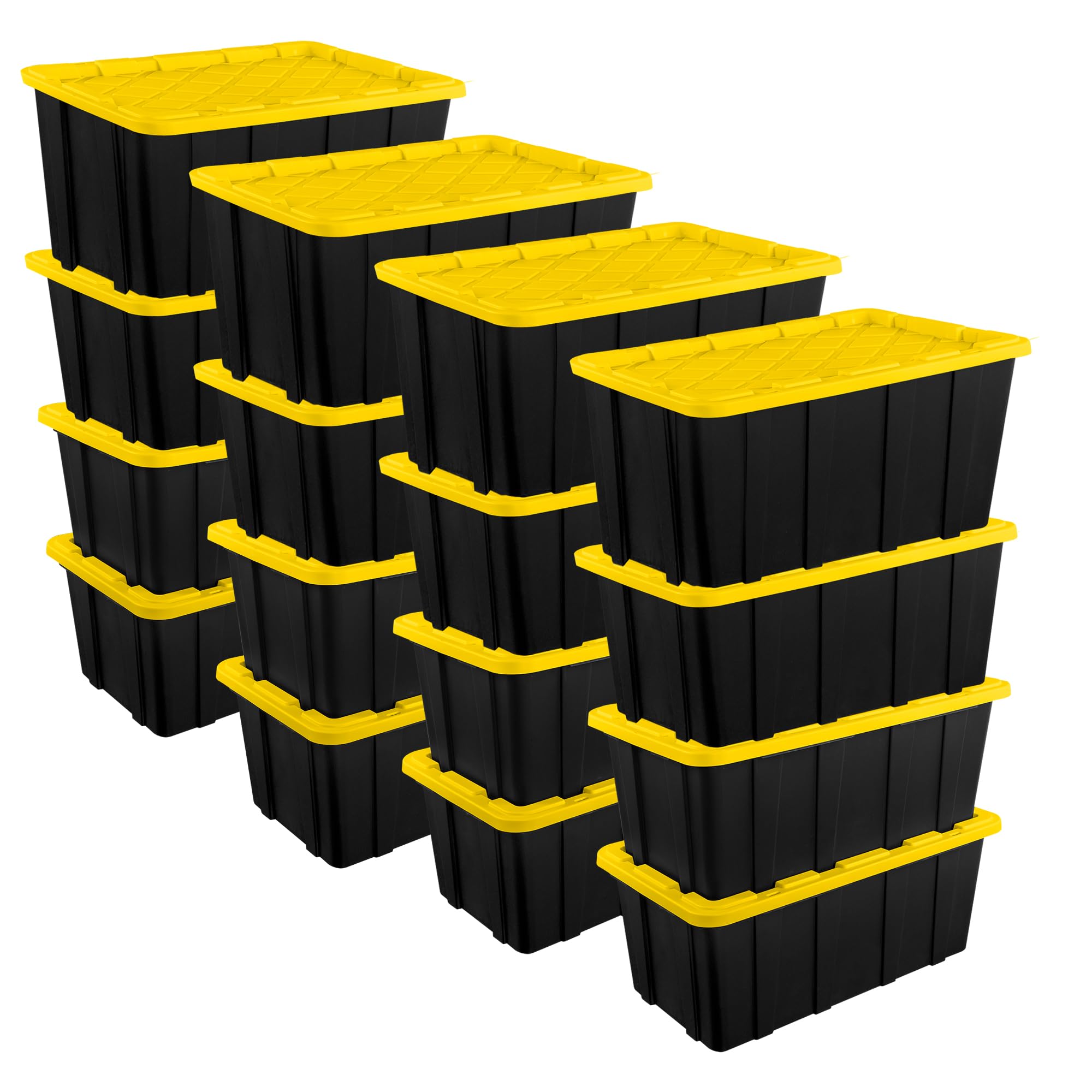 Sterilite 16-Pack Stackable Storage Bins, Heavy Duty Totes W/ Lids, 38 Gallon, Black/Yellow
