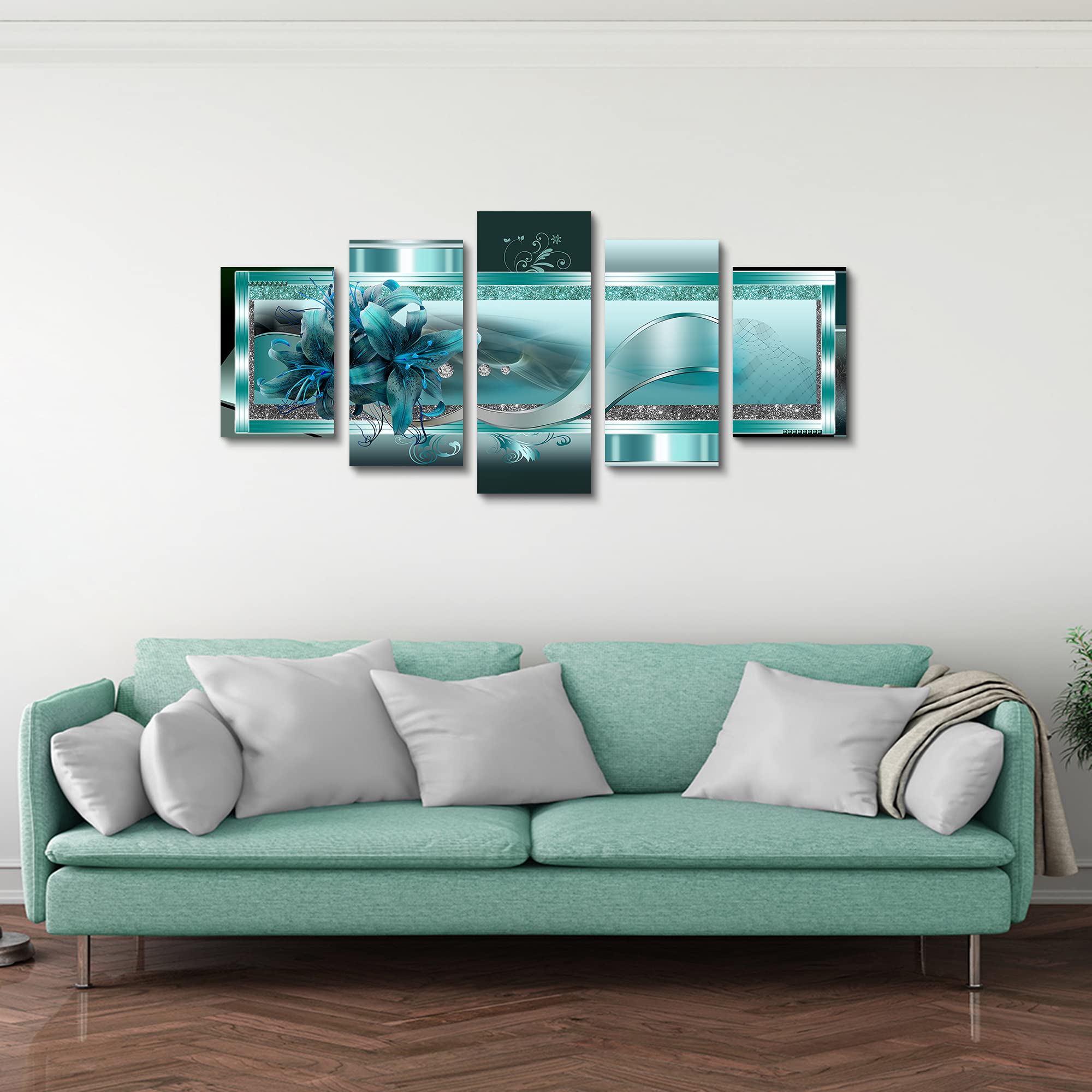 LUDUHU Turquoise Orchid Flowers Canvas Print - Abstract Green Floral Poster  Blue Wall Art Painting Decor for Home Decoration Artwork Picture Bedroom Green Floral (A Oversize 60x30inch)