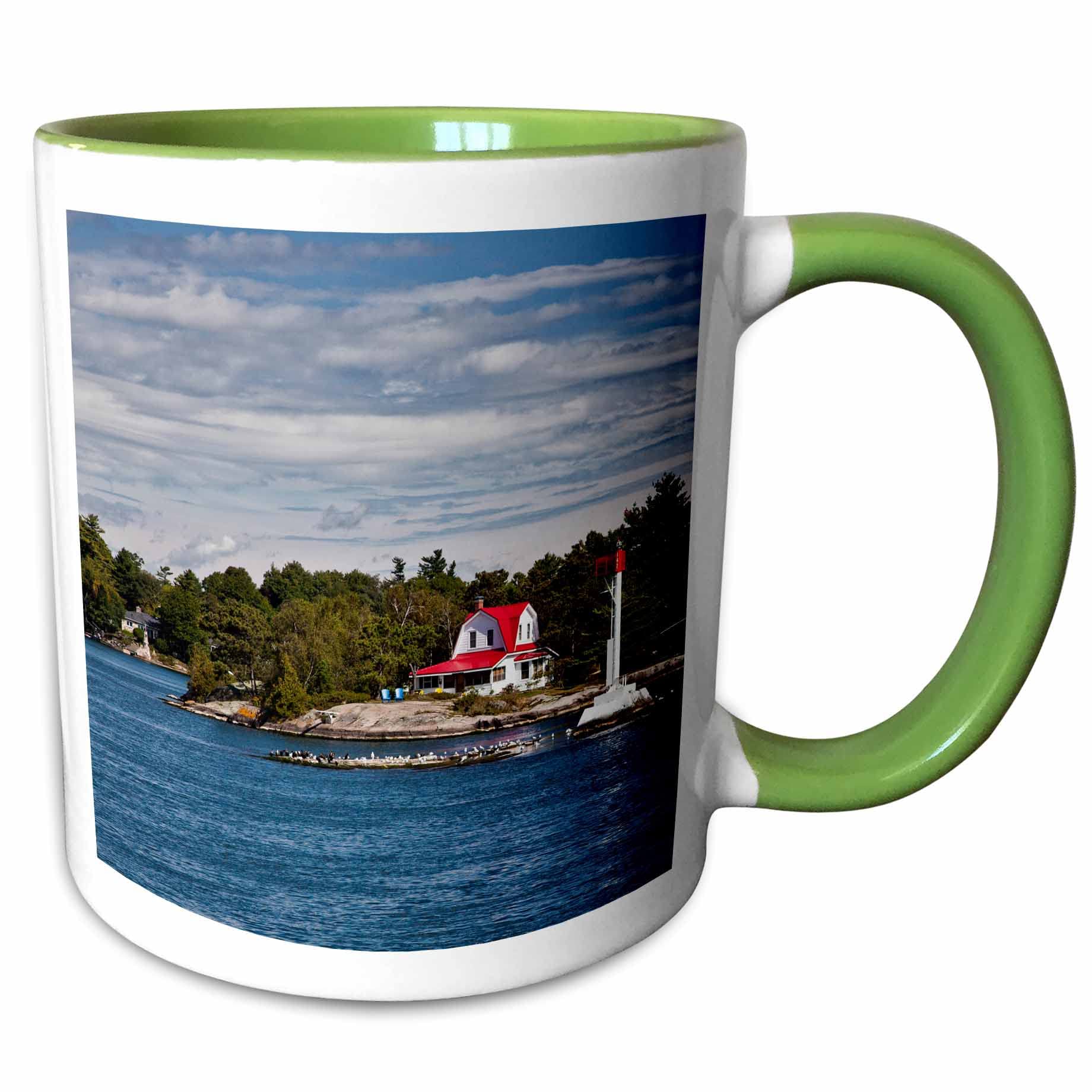 3dRose Thousand Islands Home on the St Lawrence River in New York, USA 11oz Two-Tone Green Mug