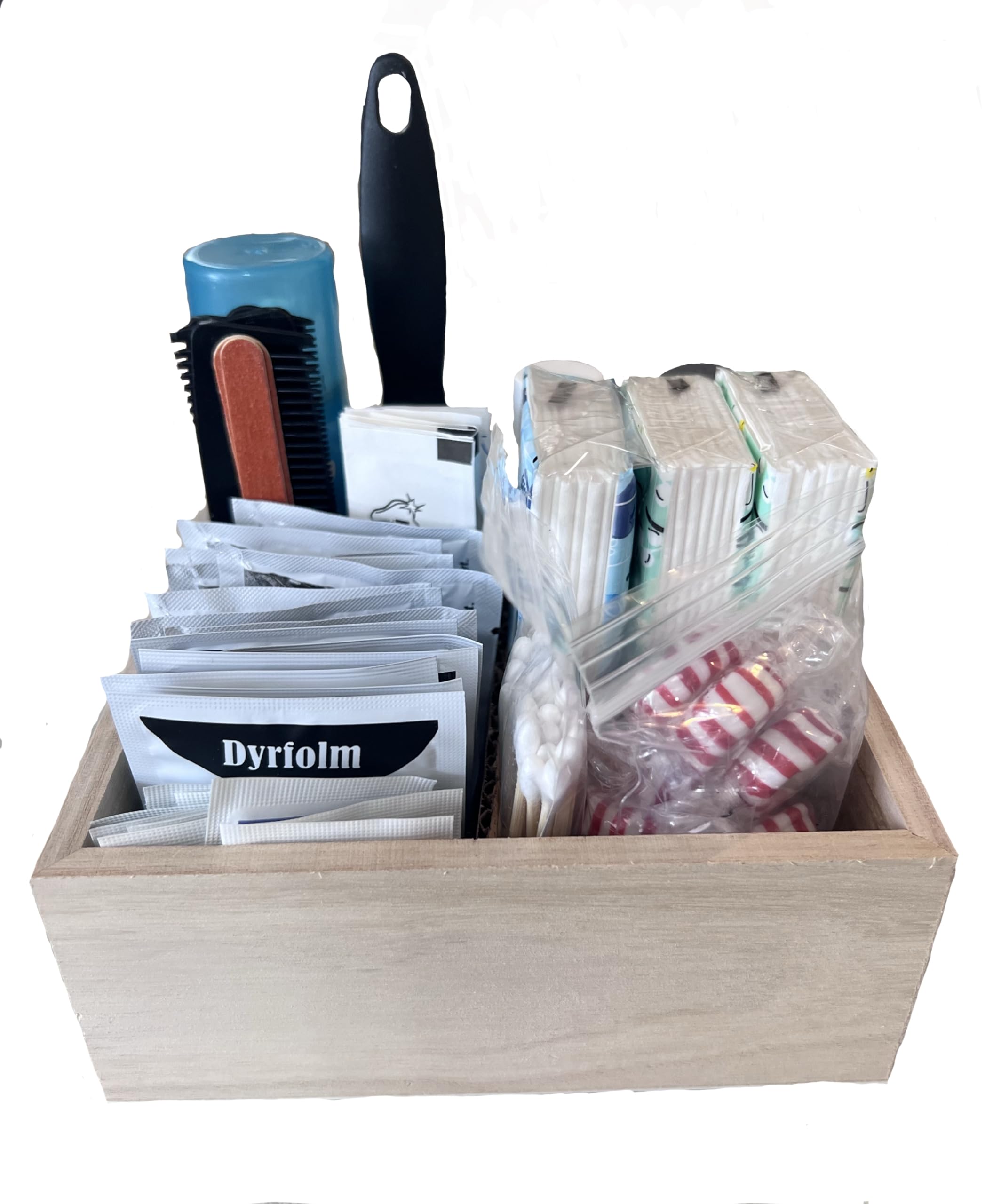 With You in Mind, inc - Restroom Amenity Basket - Men/Micro - 25 or less guests (Unfinished Wooden Box)