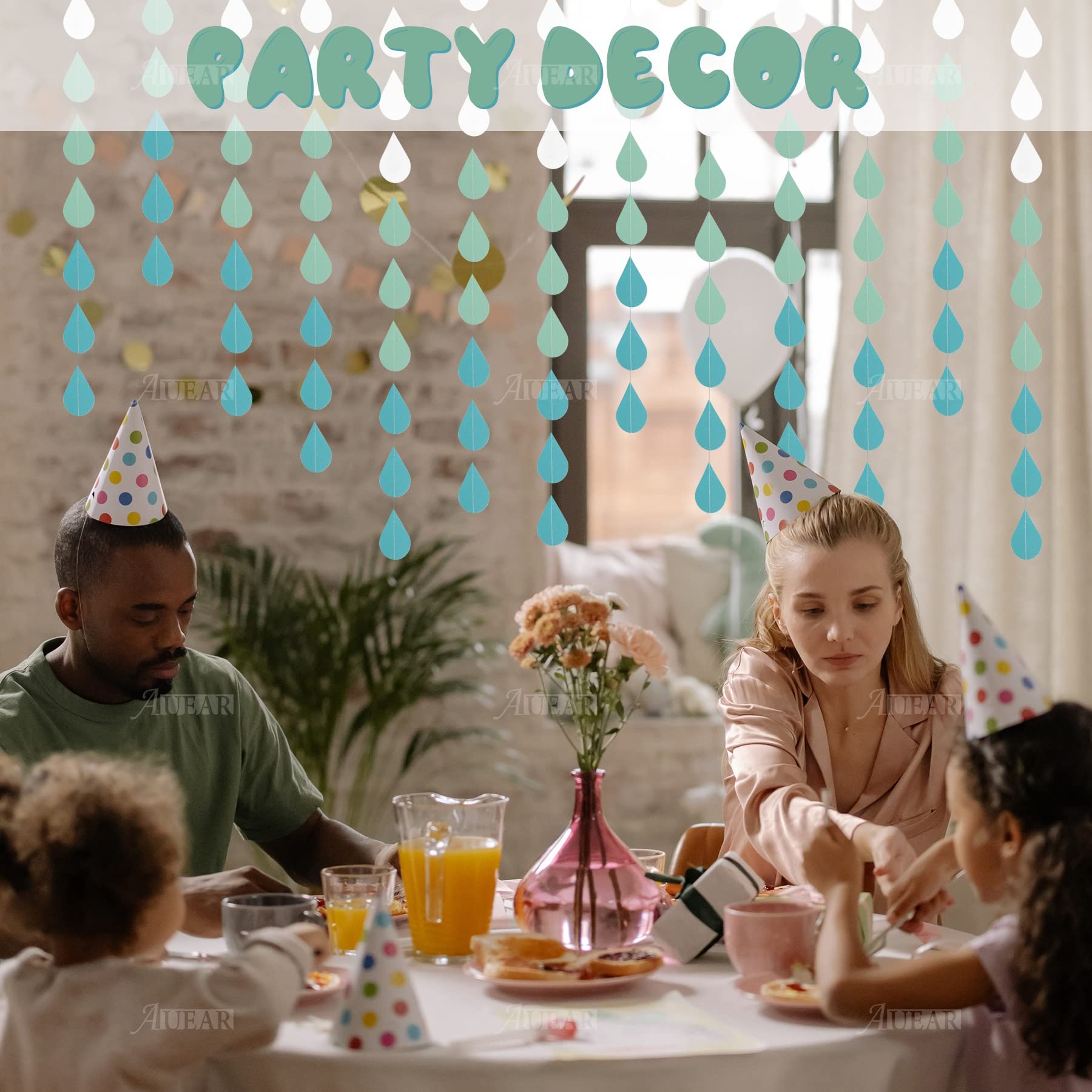 Auear, Raindrop Garland Blue Paper Hanging For Decor (36 Pack)