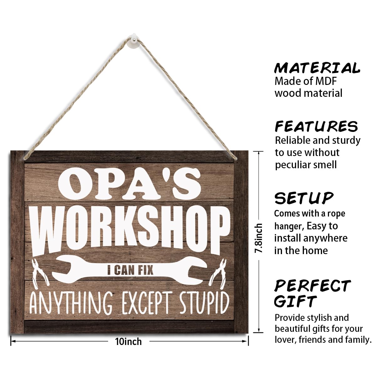 Opa's Workshop Sign Gift for Grandpa, I can Fix Anything Except Stupid, Decorative Hanging Wood Plaque for Wall, Rustic Workshop