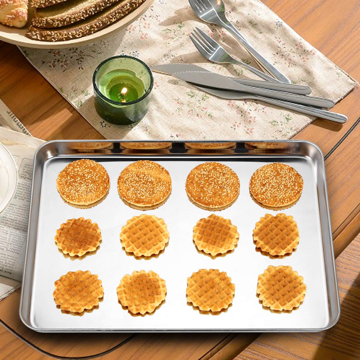 Bastwe Baking Sheet Set Of 2, Stainless Steel 2-Piece Cookie Sheet, Toaster Oven Baking Pan Set, Rectangle Size 16 X 12 X 1 Inch
