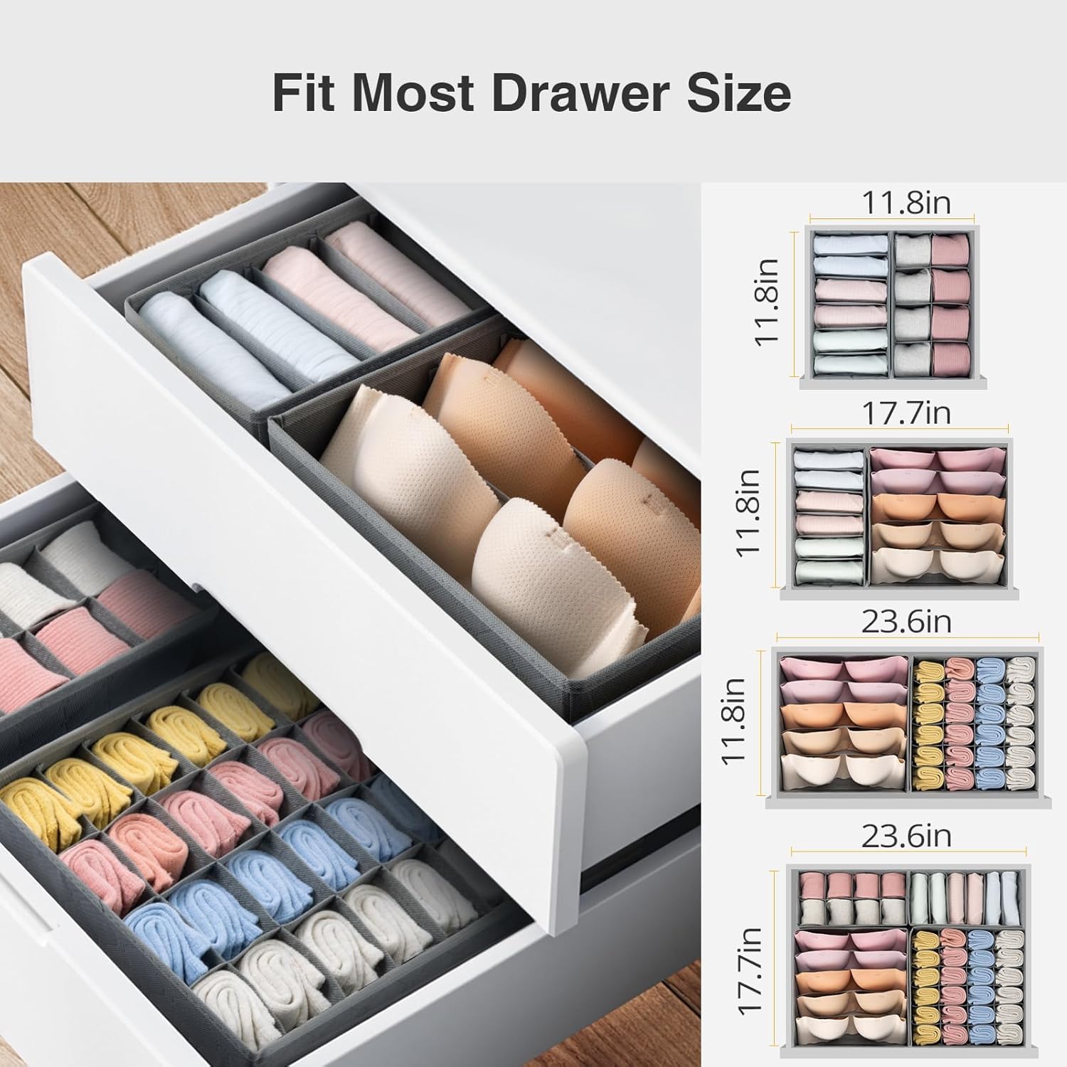 DIMJ 12 Pack Drawer Organizer for Clothes - Sock Bra Underwear Drawer Organizer, Foldable Fabric Drawer Organizer Bins, 114 Cell