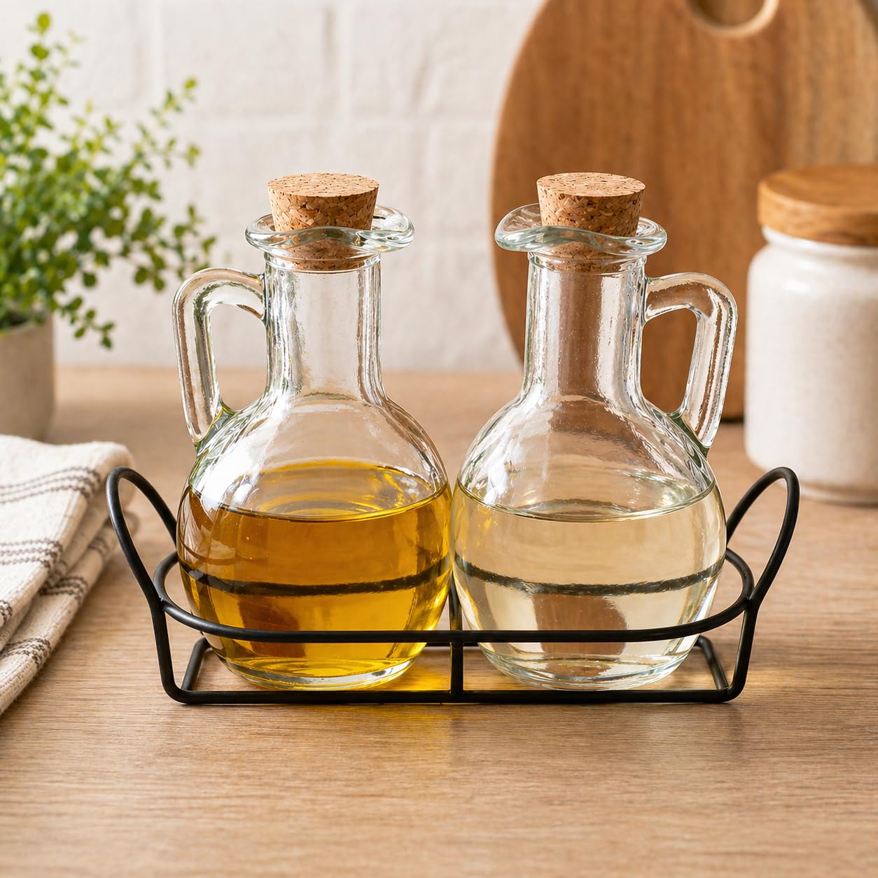 Pure Source India Glass Oil And Vinegar Bottle Set With Cork Stopper, 200Ml, 11.5Cm Height, With Metal Stand Holder