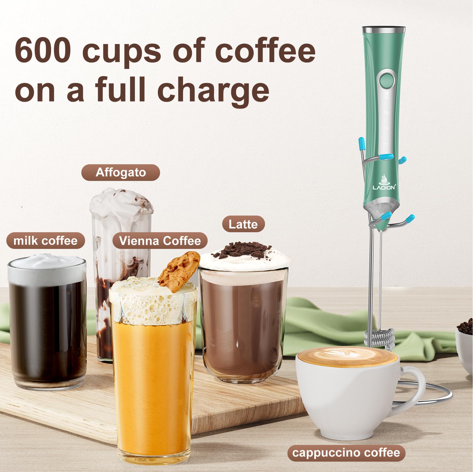 Laoion Rechargeable Frother Wand With Stand, Milk Frother With Detachable Stainless Steel Double Rings Whisk, 3-Speed Handheld E