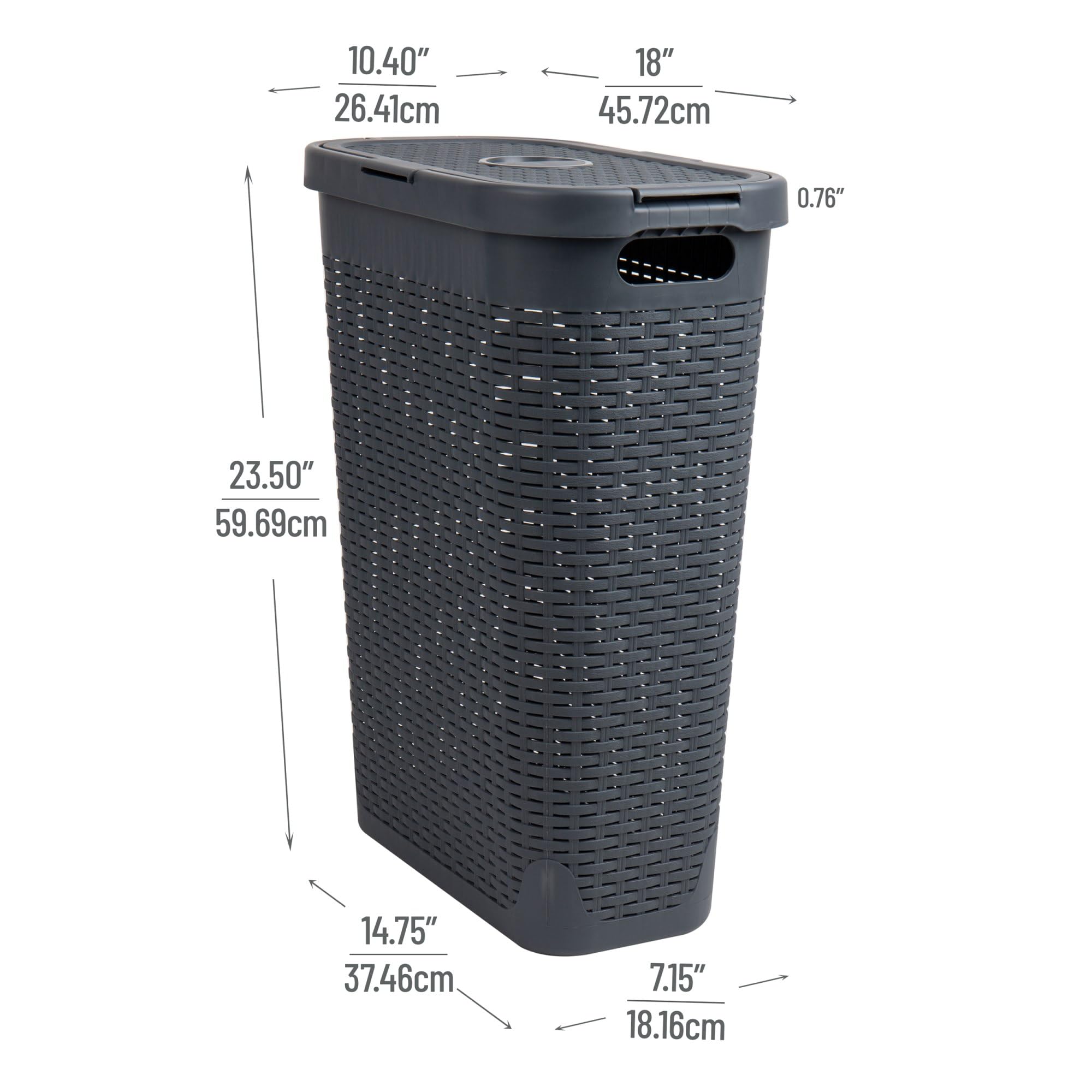 Mind Reader 40L Slim Laundry Hamper, Clothes Basket, Lid, Wicker Design, Plastic, 18''L X 10.4''W X 23.5''H, Gray