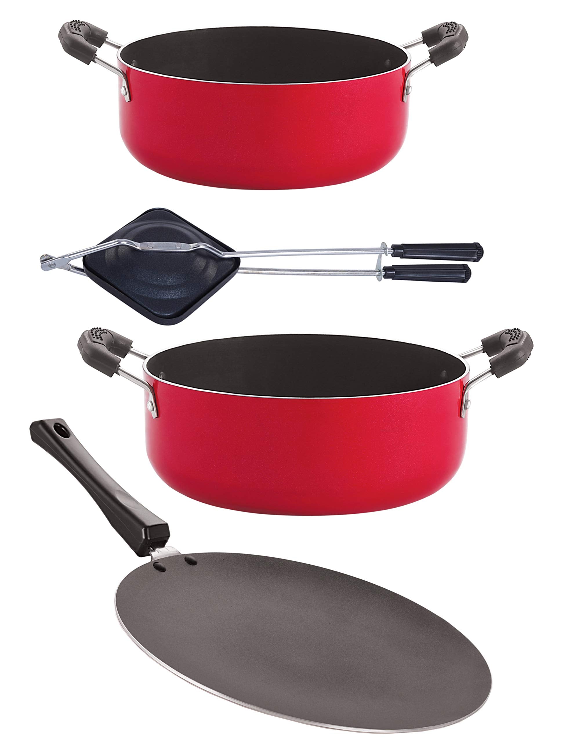 Nirlon Gas Compatible NonStick Aluminium Cookware Set, 4Pieces, Red/Black (Ct11_Cs20_Ht_Cs24)