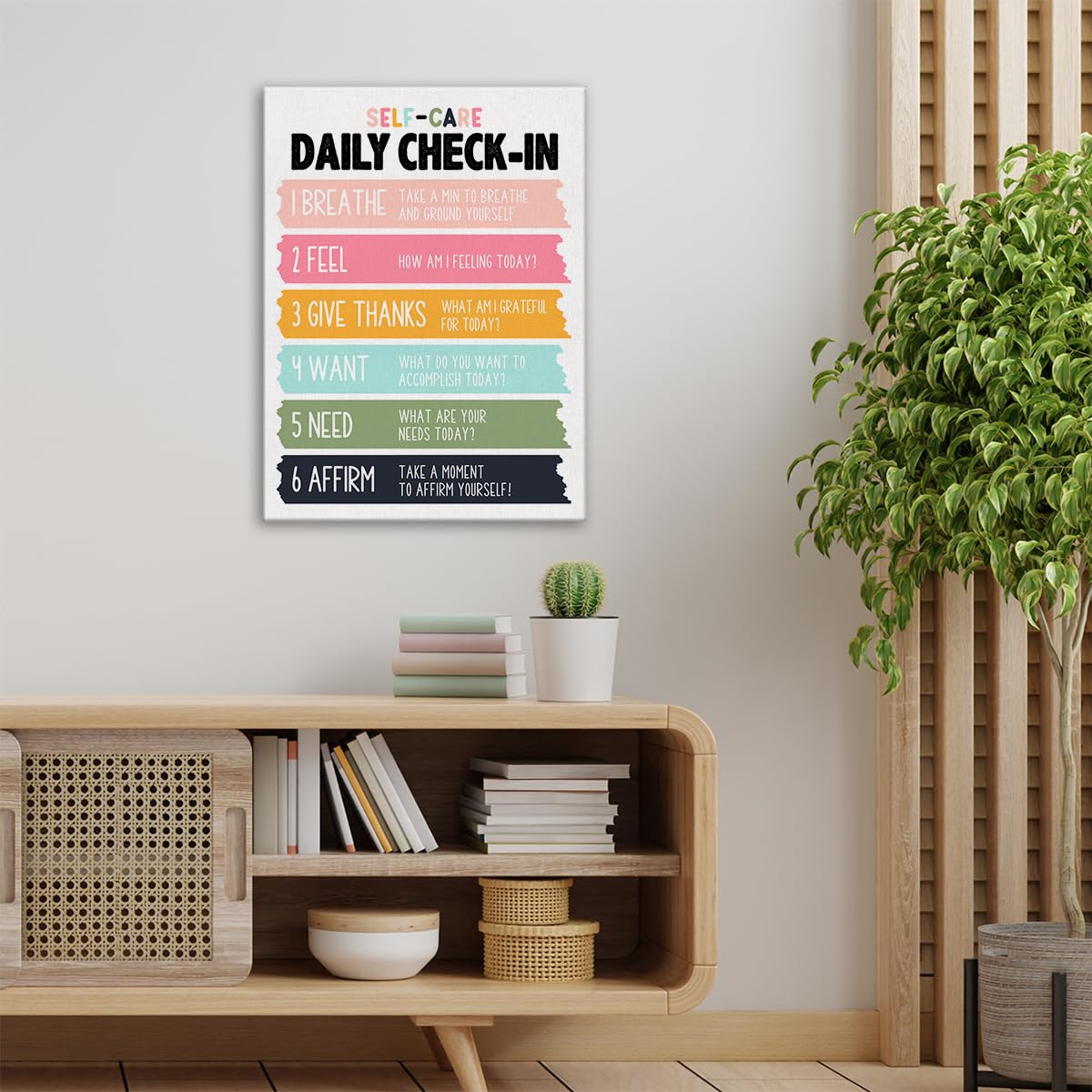 Self Care Wall Art Canvas Painting Mindfulness Print Framed Daily Check-In Mental Health Poster Canvas Sign For Therapy Office D