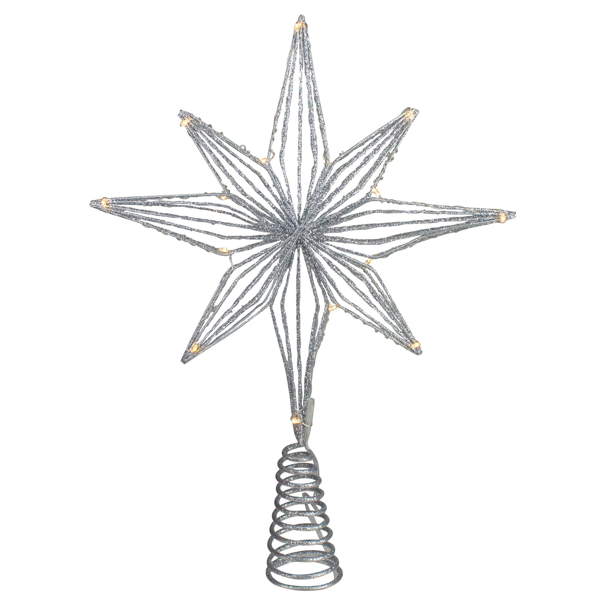 13.75 LED Lighted B/O Silver Glittered Geometric Star Christmas Tree Topper - Warm White Lights