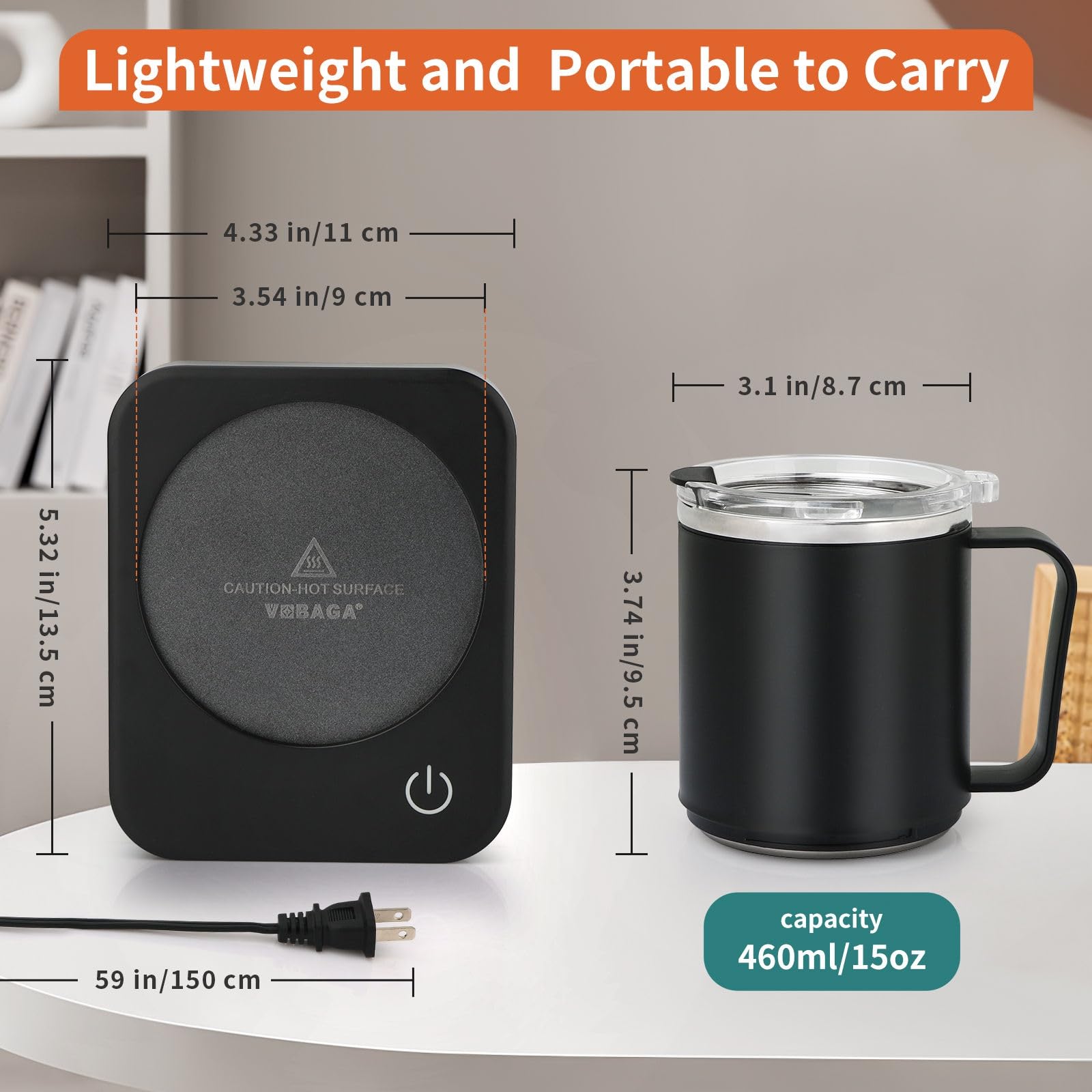 VOBAGA Coffee Mug Warmer Set - 15 oz Stainless Steel Mug with Auto Shut Off & 3 Temperature Settings - Black, Model V037