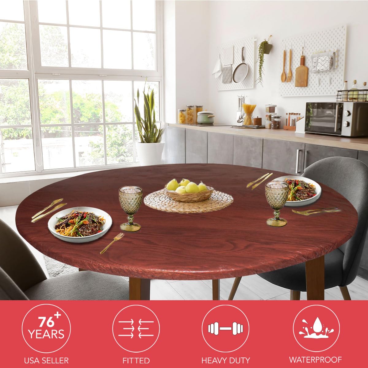 Covers For The Home Deluxe Elastic Edged Flannel Backed Vinyl Fitted Table Cover - Woodgrain (Mahogany) Pattern - Extra Large Ro