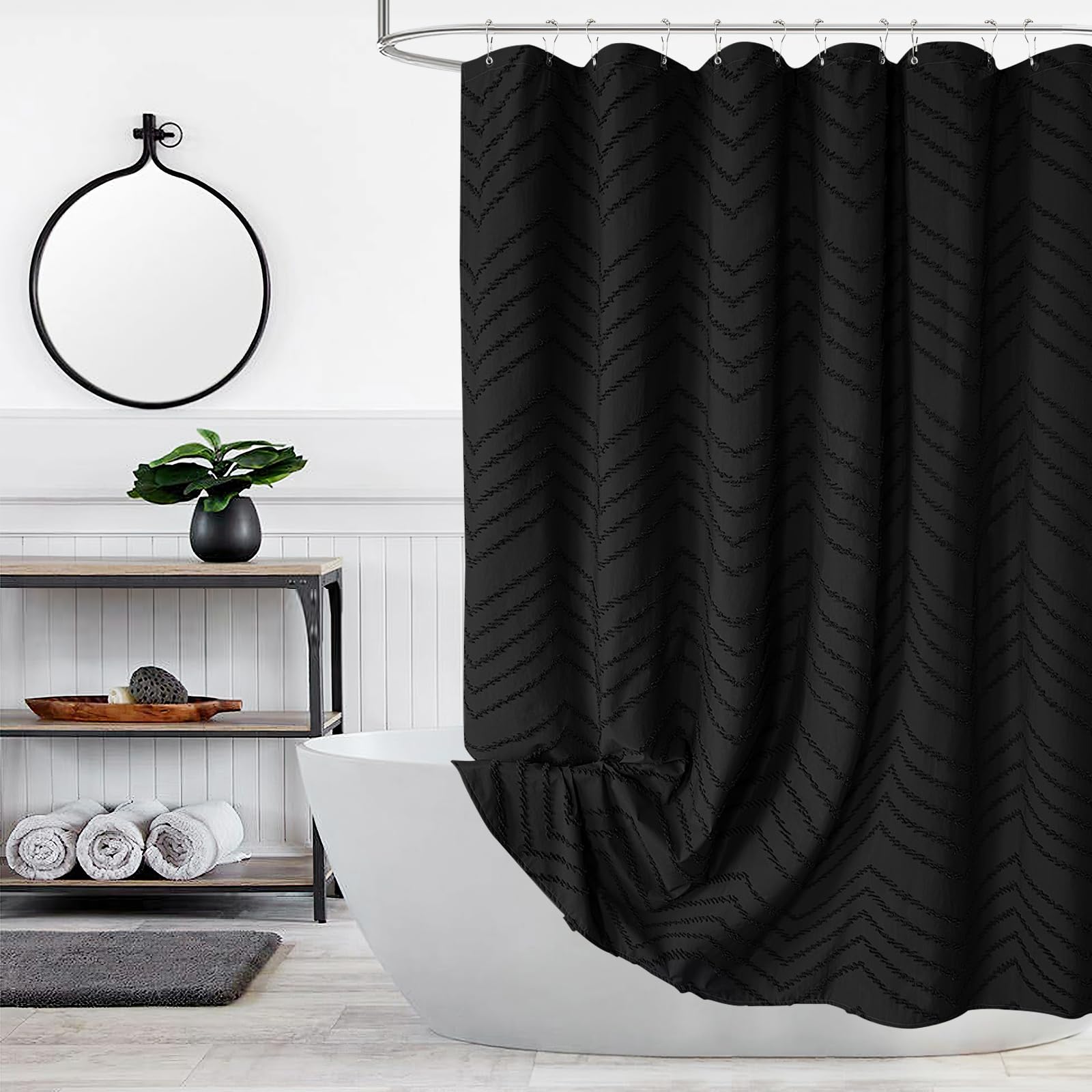 Extra Long Black Boho Shower Curtain 96 Inch Black Tufted Chevron Striped Fabric Shower Curtains For Bathroom Modern Shabby Chic