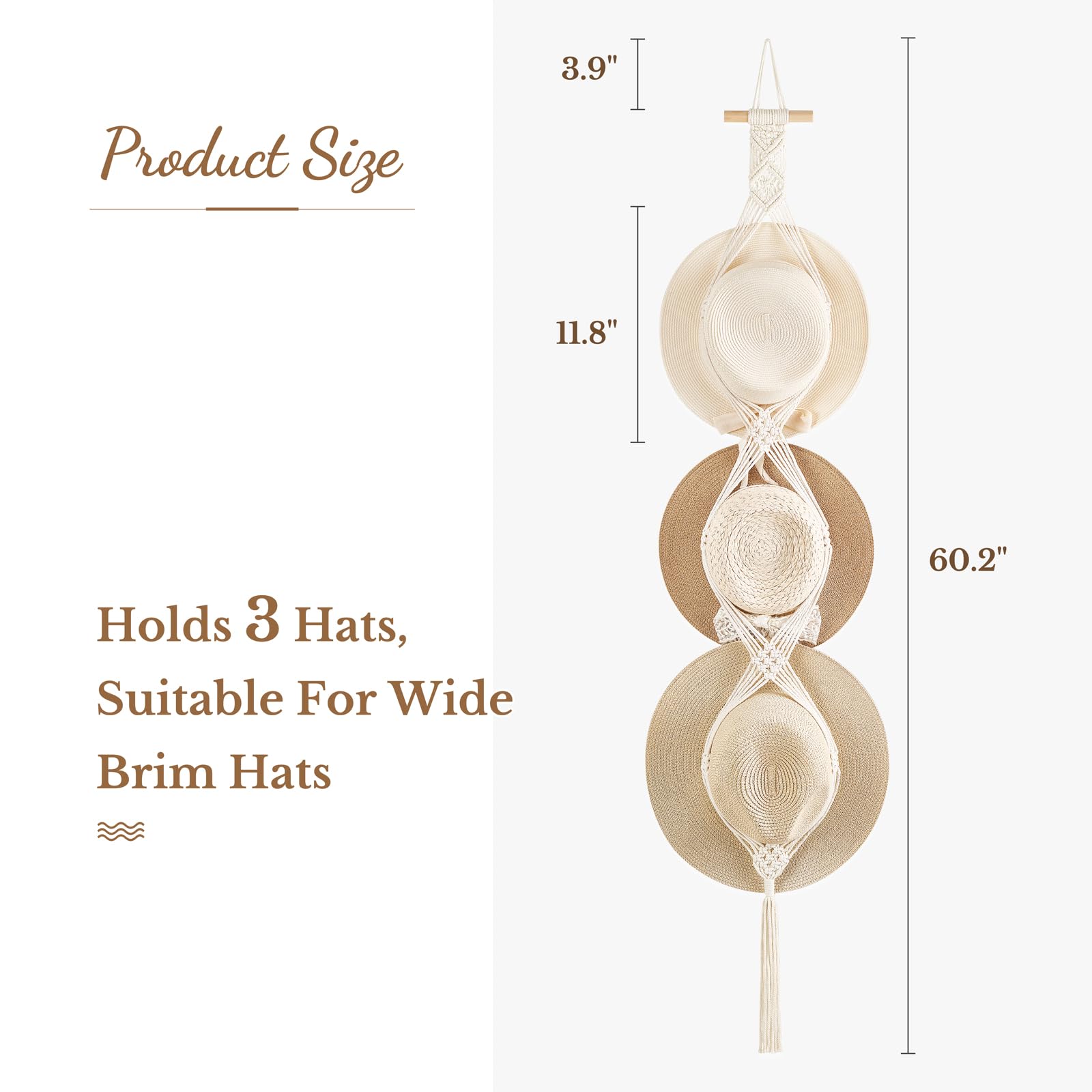 Dahey Macrame Hat Hangers Hat Rack For Wall Cowboy Hat Organizer Hanging Display Hand Weaving Bobo Hat Holder Western Decor For