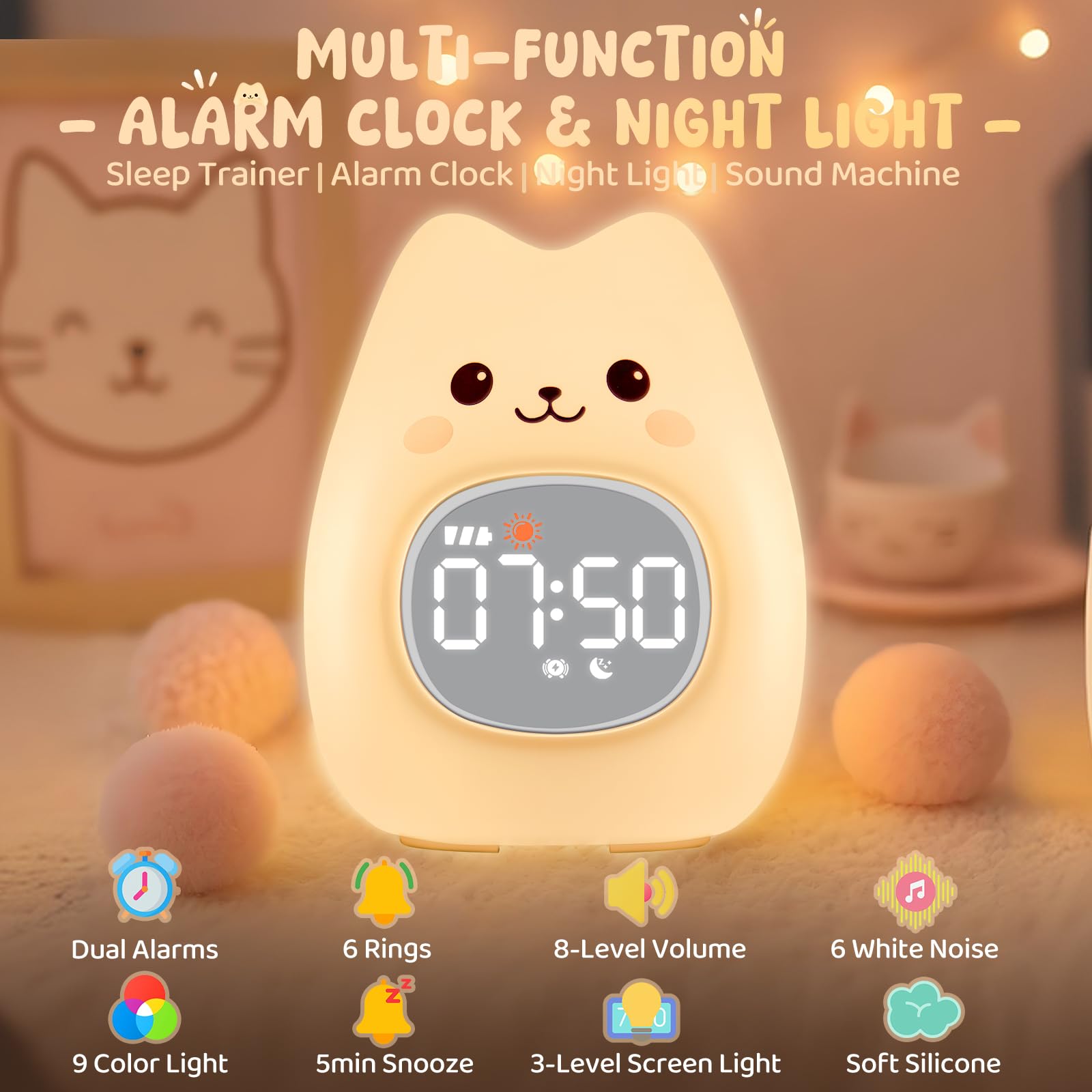 Aokpsrt Cat Alarm Clock with Night Light for Kids with Sleep Training and Sound Machine, Rechargeable Silicone Lamp OK to Wake C