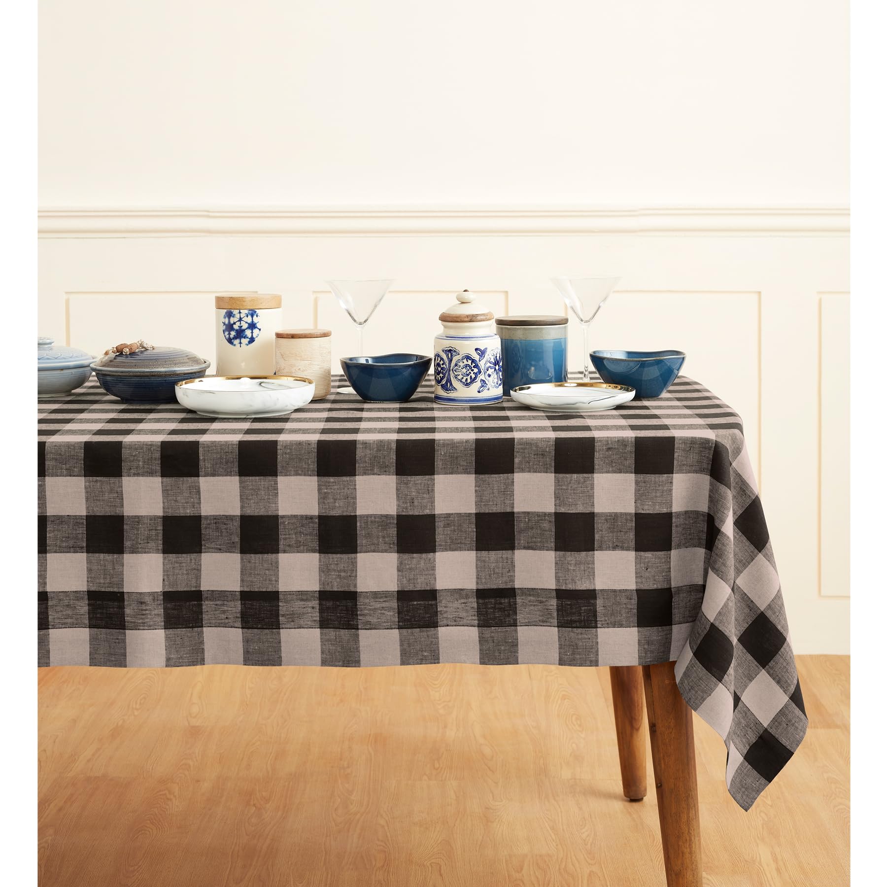 Solino Home Buffalo Check Linen Tablecloth 108 '' L X 60 '' W Inch - 100% Pure Linen Natural And Black Spring Plaid Tablecloth -