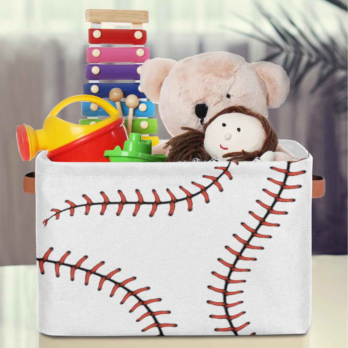 Baseball Storage Bin Basket, White Softball Large Toys Storage Cube Box With Handles, Collapsible Laundry Basket Rectangular Wat