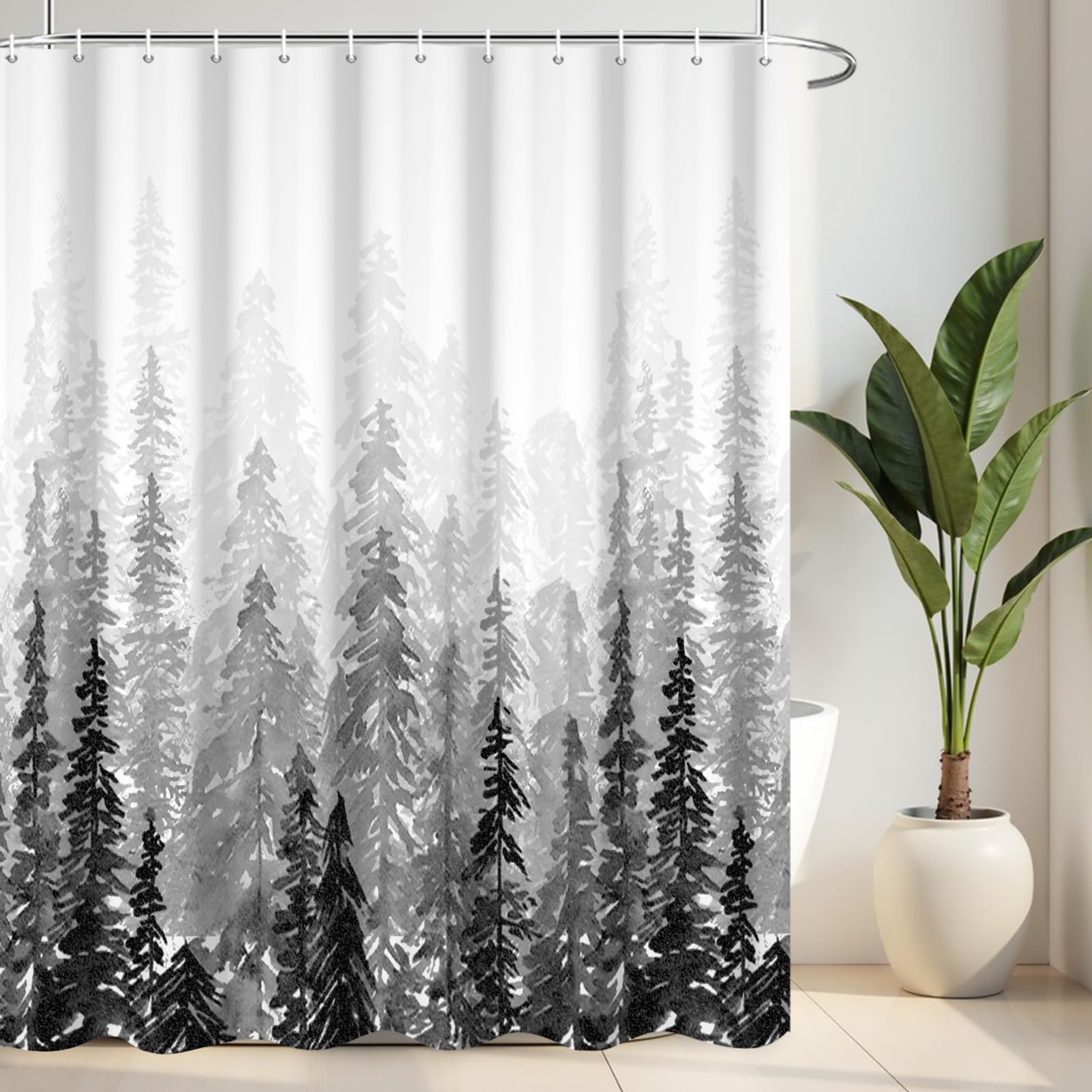 Riepoiia Black And White Misty Forest Shower Curtain For Bathroom,Waterproof Fabric Bathroom Curtains Washable Nature Pine Tree 