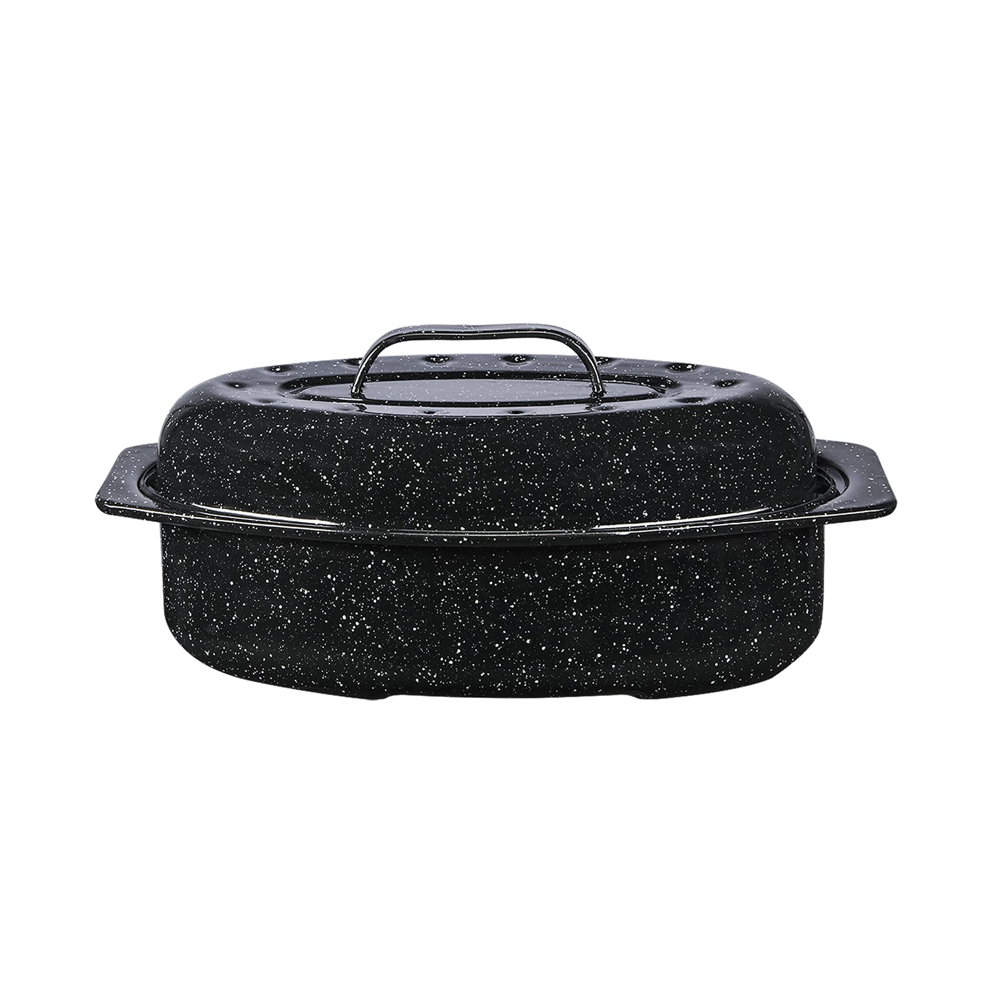 Granite Ware 13-inch oval roaster with Lid. Enameled steel design to accommodate up to 7 lb poultry/roast. Resists up to 932F. I