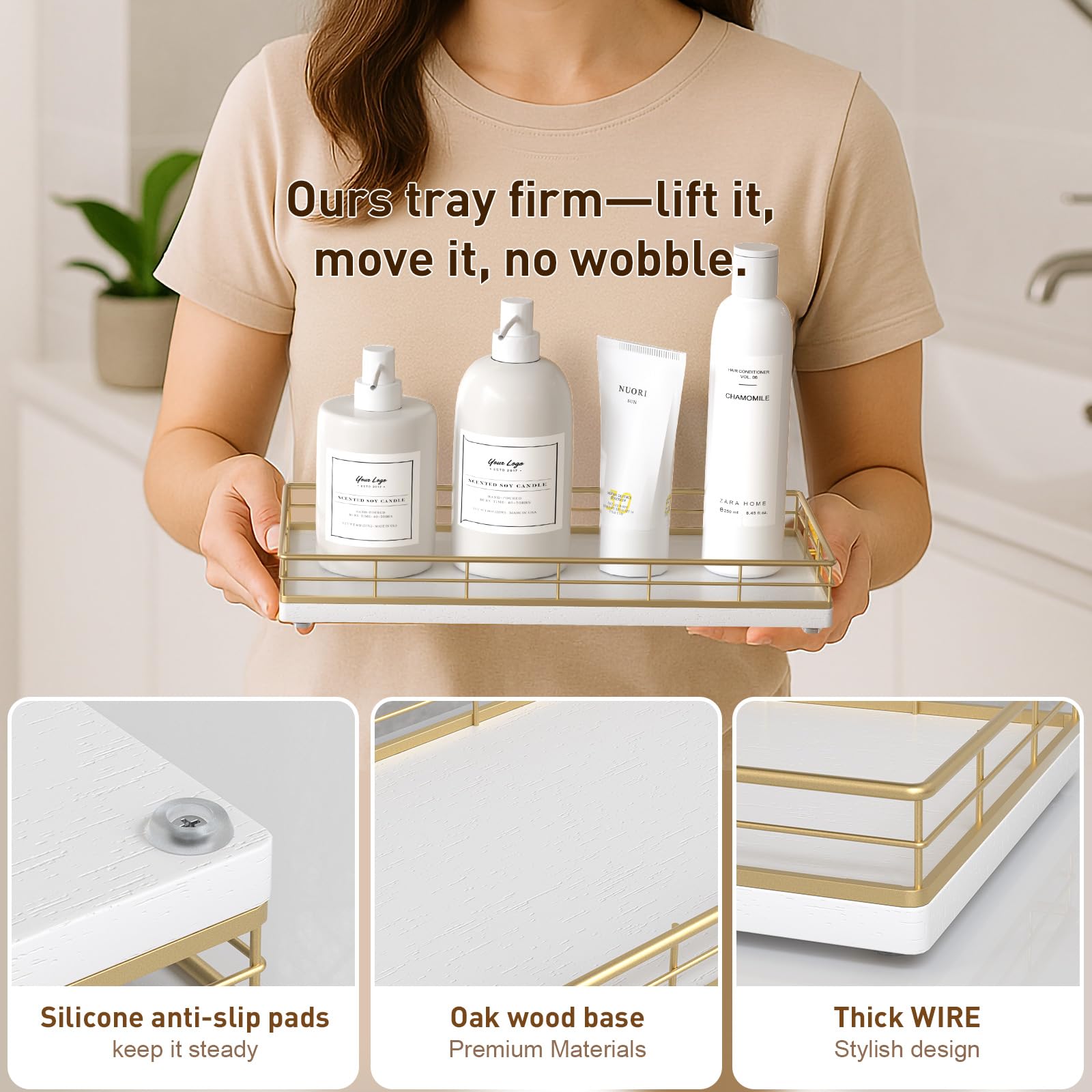 Toilet Paper Basket Organizer - Oak Wood Toilet Tank Tray with Metal Frame, Back of Tank or Top Bathroom Counter Storage - Gold