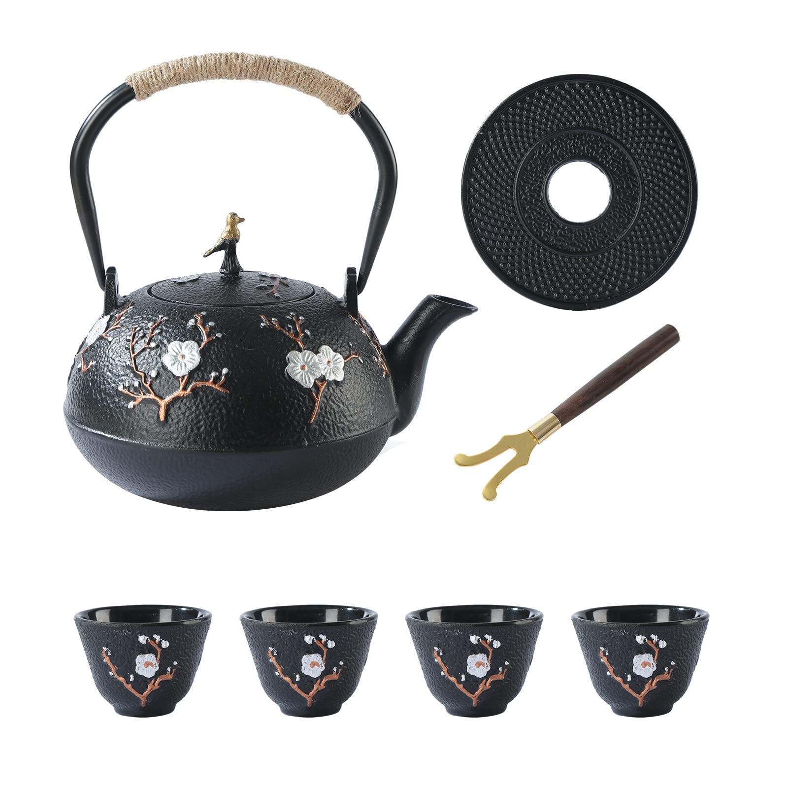 Sechudo Tea Set Tea Kettle Japanese Style Beautiful Black Cast Iron Teapot Set With 4 Cups,1 Trivet And 1 Lid Holder,40.6Oz Teap
