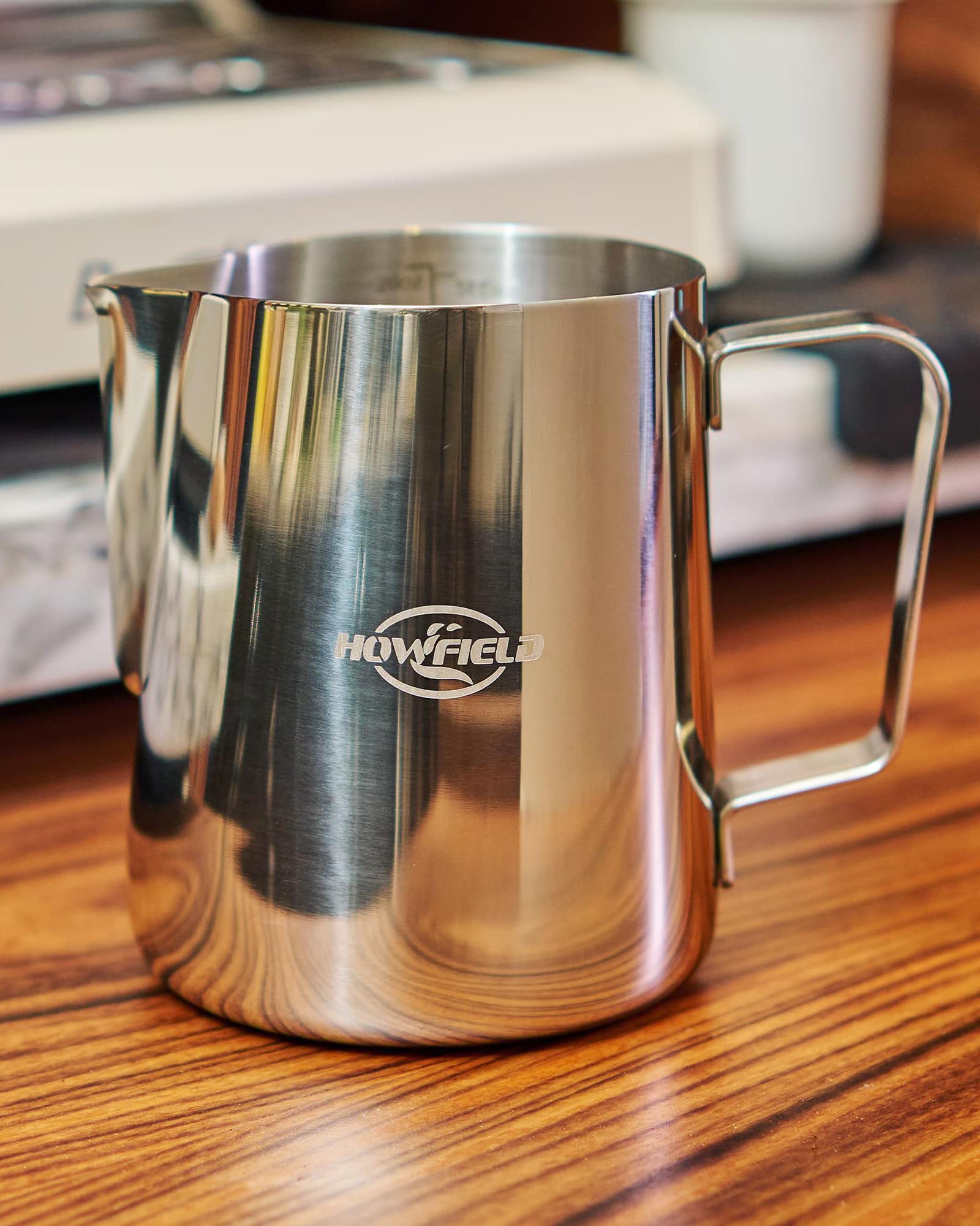HOWFIELD 12oz Milk Frothing Pitcher – 304 Stainless Steel, Anti-Scald Handle, Latte Art Pen, Silver - Barista Tool for Coffee Lovers