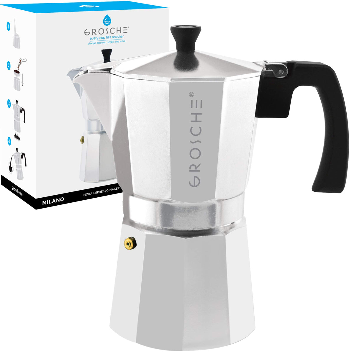 Grosche Milano Stovetop Espresso Maker Moka Pot 9 Espresso Cup, 15.2 Oz, Silver Cuban Coffee Maker Stove Top Coffee Maker Moka I