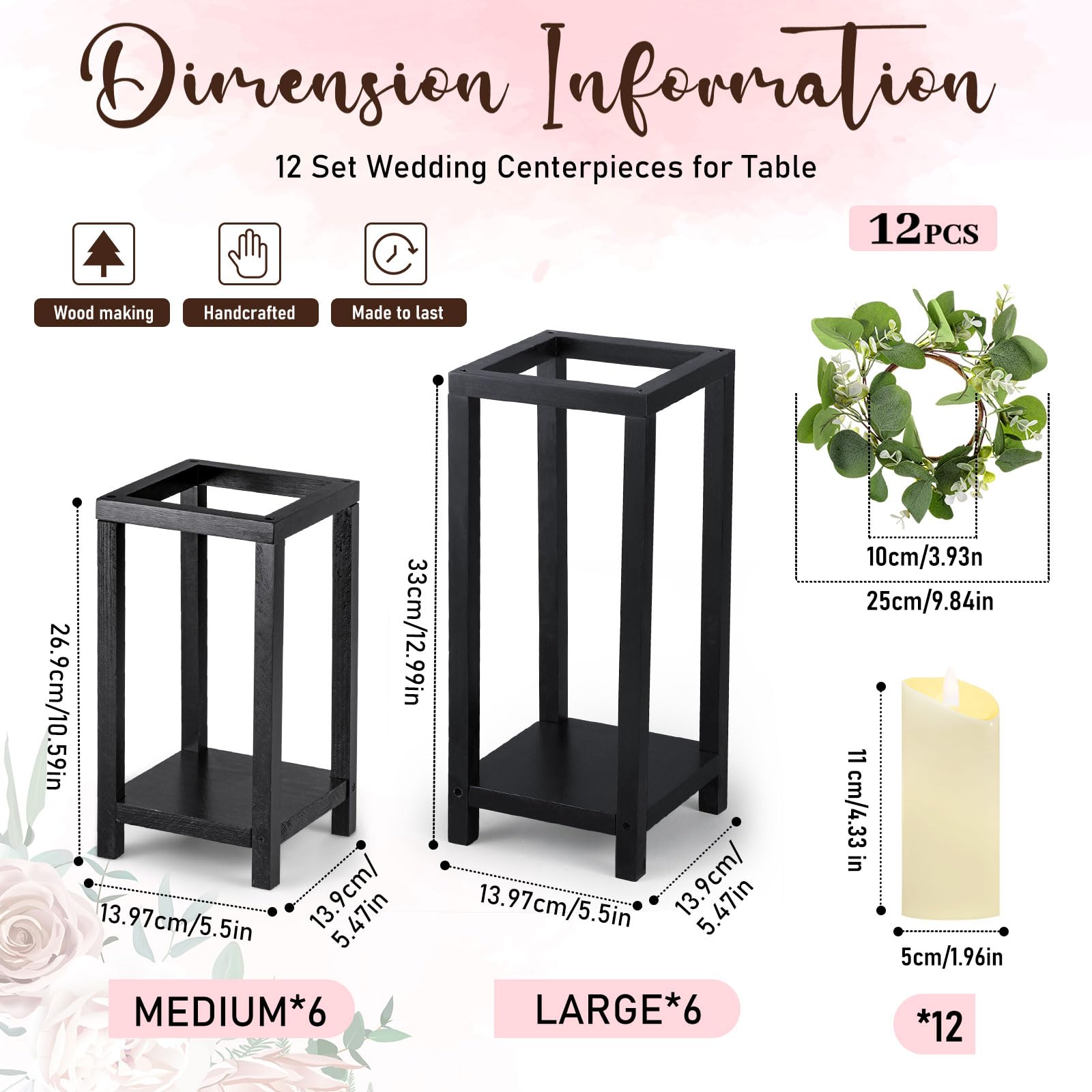 Geelin 12 Set 10.59  , 13   Black Wooden Lanterns for Wedding Centerpieces Include 12 Wooden Lantern 12 LED Candle 12 Eucalyptus